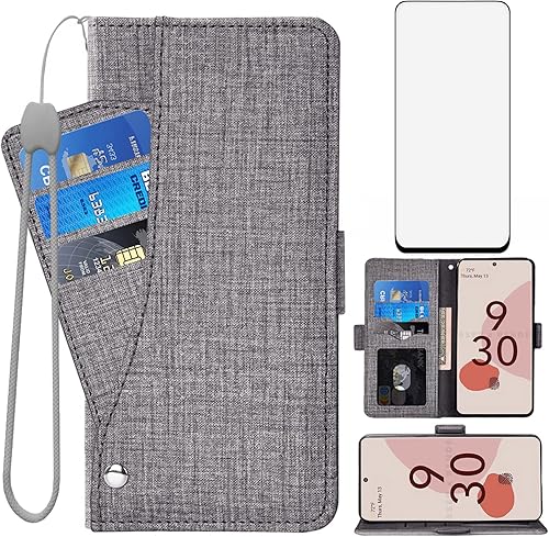 Asuwish Compatible con Google Pixel 6 Pro Funda tipo cartera de vidrio templado y soporte de piel con tapa para tarjetas, accesorios para teléfono