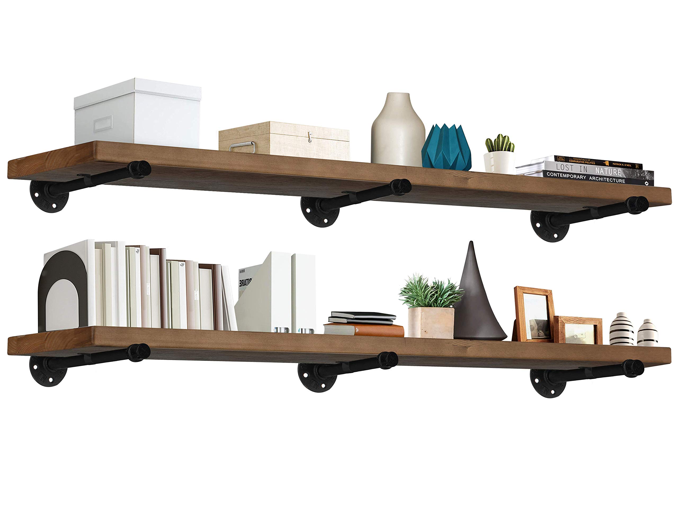 Industrial Rustic Wood Wall Shelf - TEN49 Espresso 60" Wooden Shelves w/ 1.8" Extra Thickness - Contemporary Interior Decor Floating Shelving w/Pipe Brackets - Farmhouse Style Bookshelf Set of 2