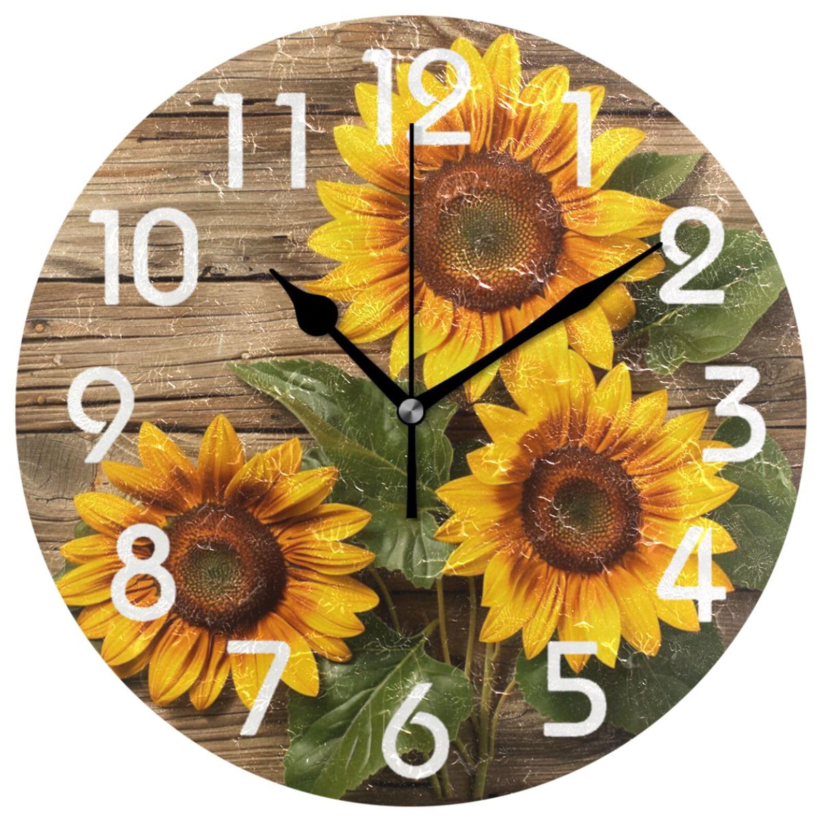 ZzWwR Pretty Old Wooden Blooming Sunflowers Round Wall Clock, 10 Inch Analog Quiet Non Ticking Desk Clock for Home Kitchen/Living Room/Bedroom/Bathroom/Office