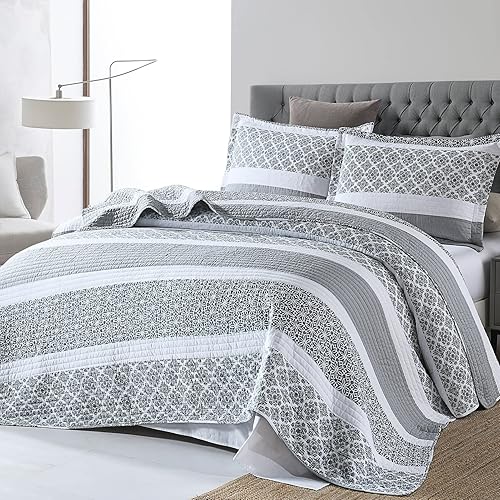 Miniatura 9 de Quilt King Size - White Navy Blue Elegant Botanical Leaf King Quilt Sets 100 Cotton Lightweight Reversible Bedspread Farmhouse Soft Spring Quilt
