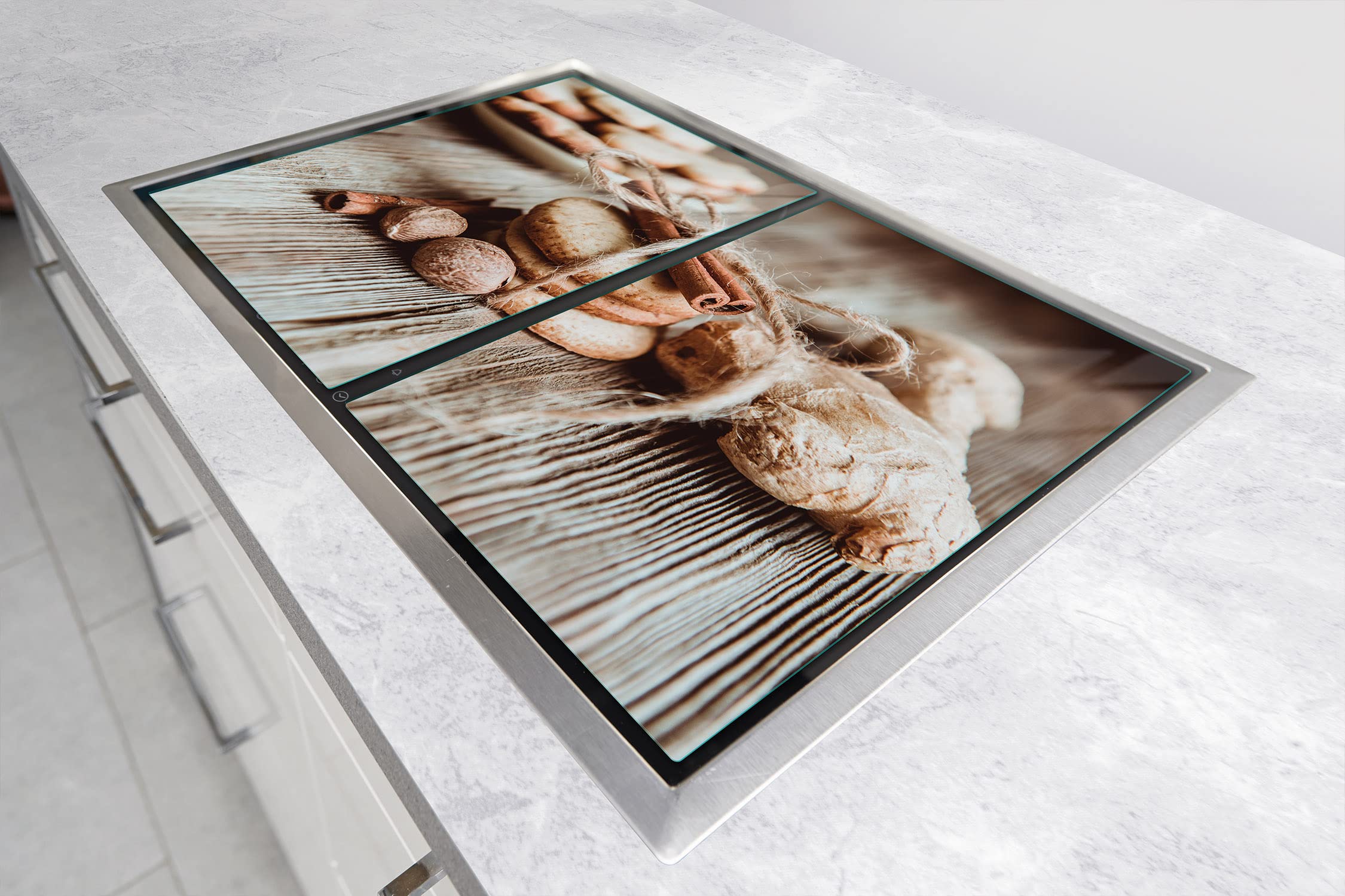 Herdabdeckplatten 2 Teilig 75x52 cm Ceranfeldabdeckung Küche Elektroherd Induktion Herdschutz Spritzschutz Glasplatte Schneidebrett, Kuchen Holz