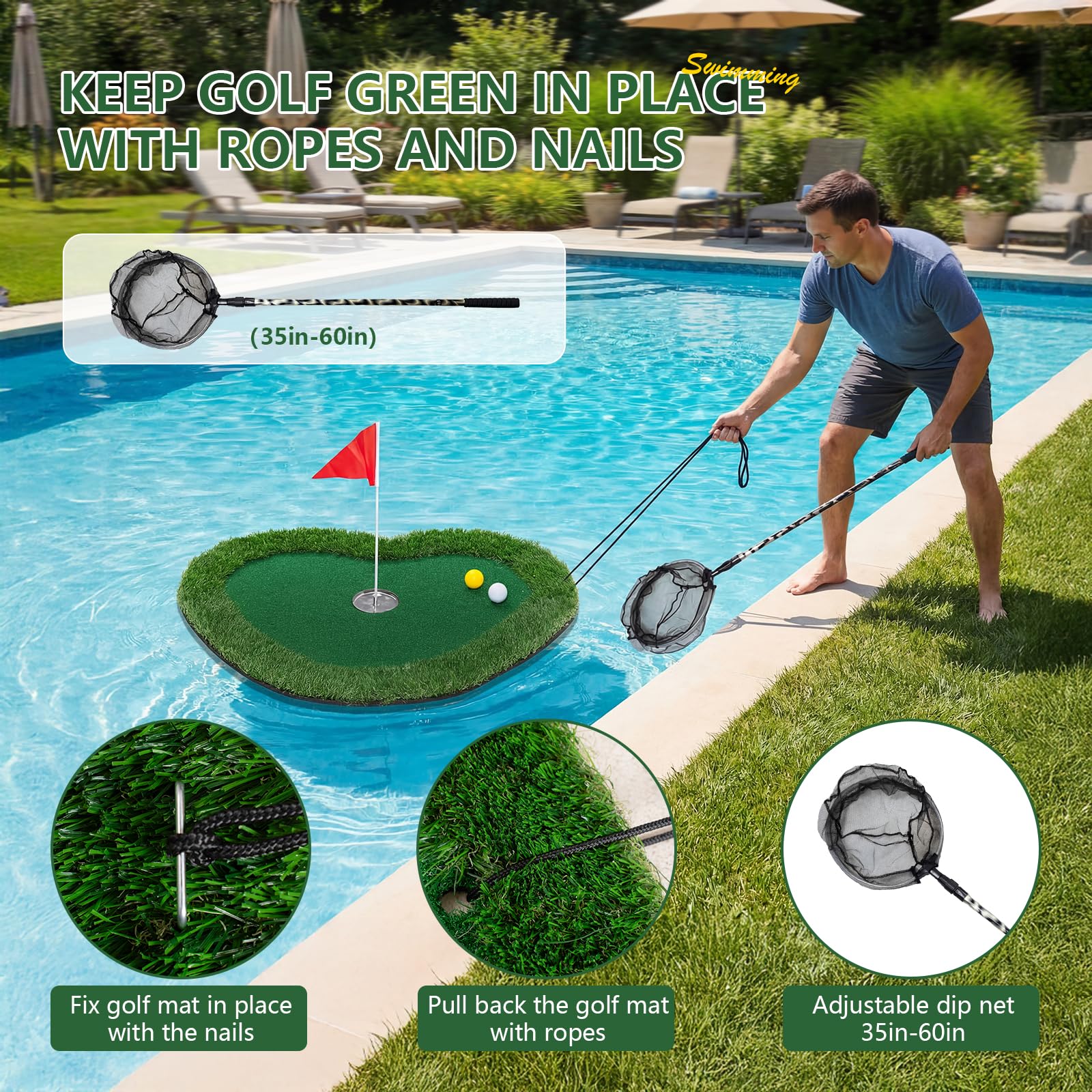 Wekin Tapis de golf flottant vert 88,9 x 71,1 cm pour piscine et lac, entraînement de golf intérieur et extérieur, jeu d'entraînement de golf dans le jardin et excellent cadeau pour homme