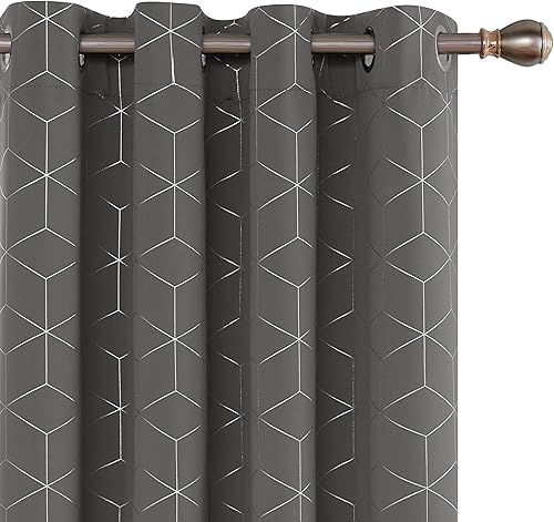 Deconovo - Cortinas opacas con estampado metálico de diamantes color plata, oscurecen la habitación, bloquean el sol, paneles de cortina con ojales