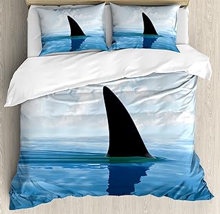 Ambesonne Shark Duvet Cover Set, Shark Fish Fin Over The Sea Surface Danger Caution Themed Picture, Decorative 3 Piece Bedding Set with 2 Pillow Shams, King Size, Blue