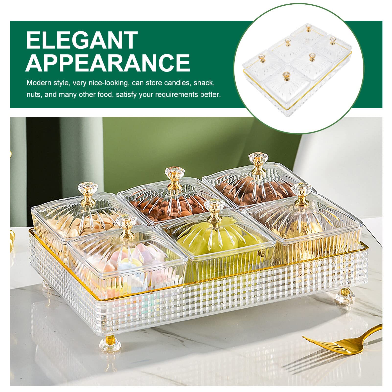 Cabilock Dry Fruit Tray with Lid Divided Snacks Dish Serving Plate Transparent Appetizer Plate with Tray Party Wedding Nuts Plate Food Storage Box Containers