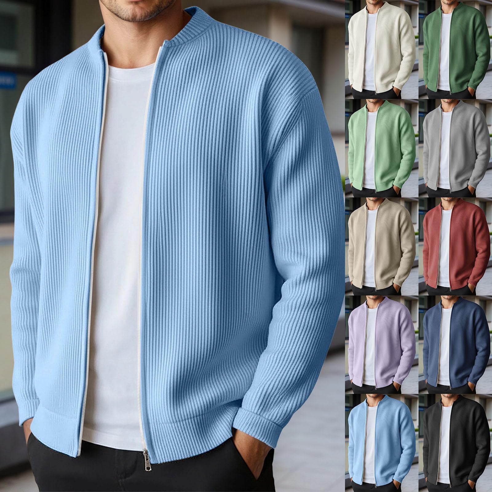 Cardigan pour homme avec fermeture éclair - Pull sans capuche - Motif torsadé - Veste décontractée en tricot côtelé - Manches longues - Manteau en tricot uni