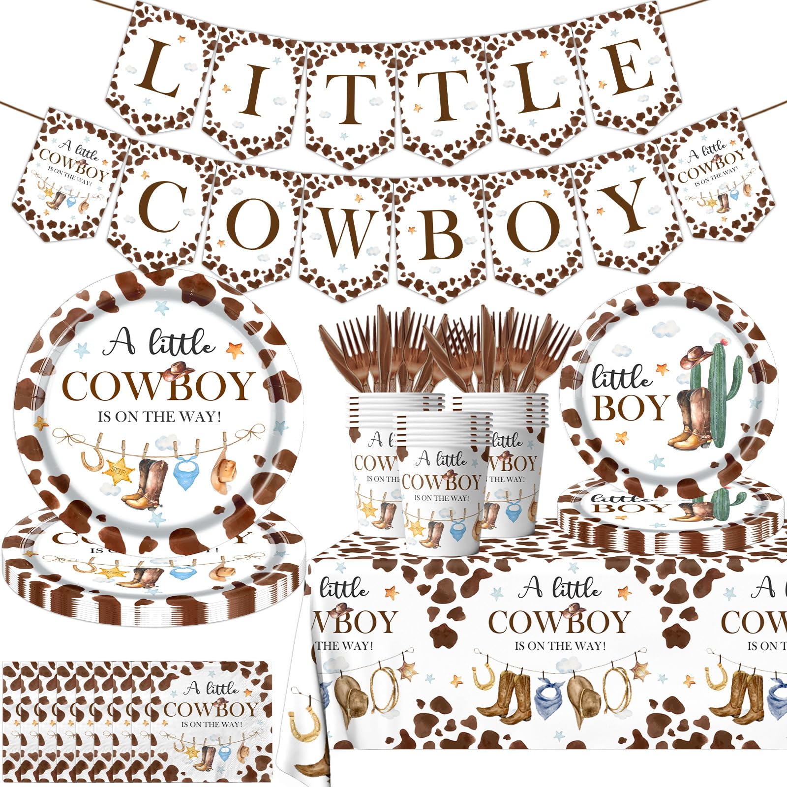 Pymurod 142pcs Cowboy Baby Shower Decorations - Brown Little Cowboy Plates, Napkins, Cups, Forks, Knives - A Little Cowboy is on the Way - Western