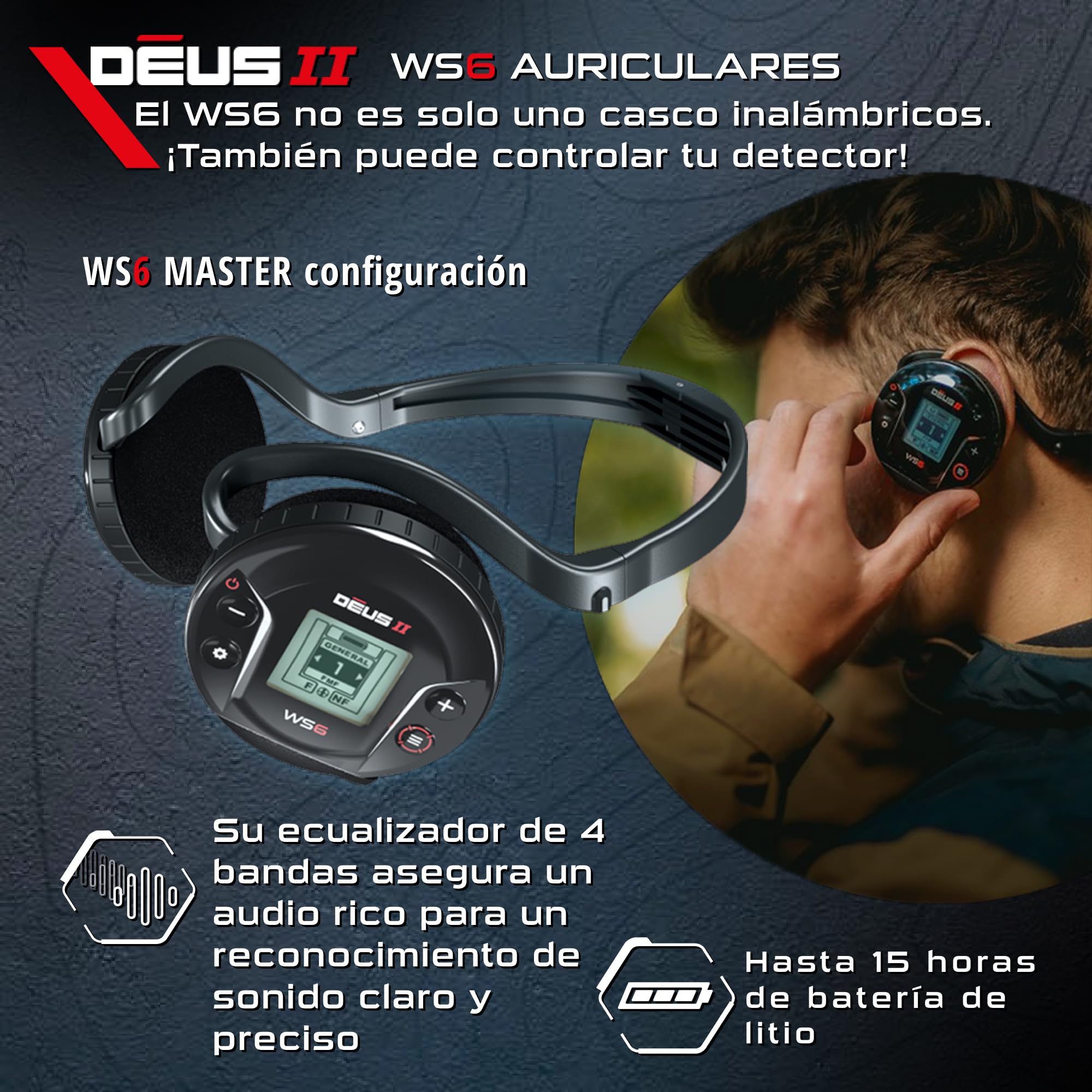 XP Metal Detectors Deus II WS6 Master: multifrecuencia, Ideal para la búsqueda de Tesoros y Reliquias, Plato FMF de 11"(28cm), Auriculares inalámbricos WS6 y vástago telescópico en S (DEUS2-28FMFWS6)