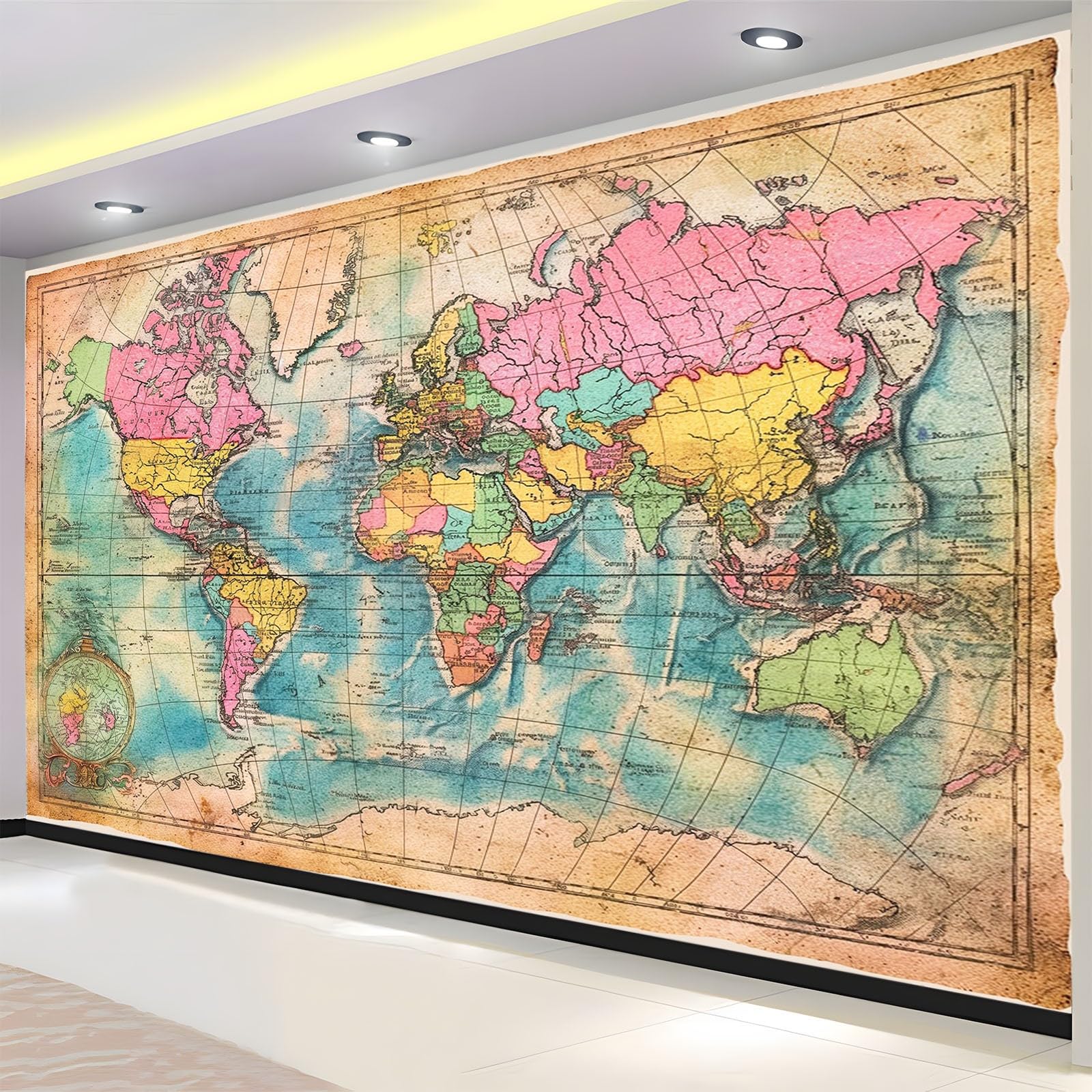 Fototapeta fototapeta mapa świata kolorowa retro 350 x 256 cm plakat mural HD druk 3D włóknina fototapeta, nowoczesny salon sypialnia tło telewizora dekoracja ścienna