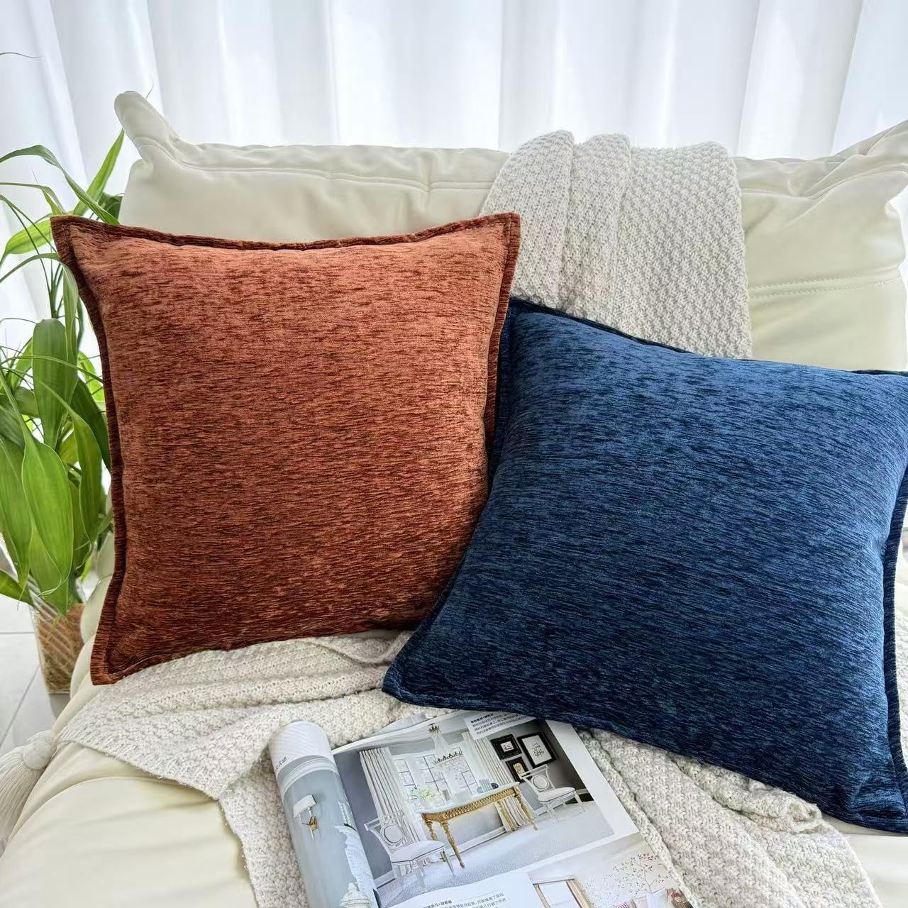 OYIMUA Soft Decorative Chenille Throw Pillow Covers Navy Blue 20x20 Set of 2 Boho Farmhouse Neutral Pillow Case for Couch Sofa Bedroom Living Room Home Decor Luxury Accent Pillows - Image 4