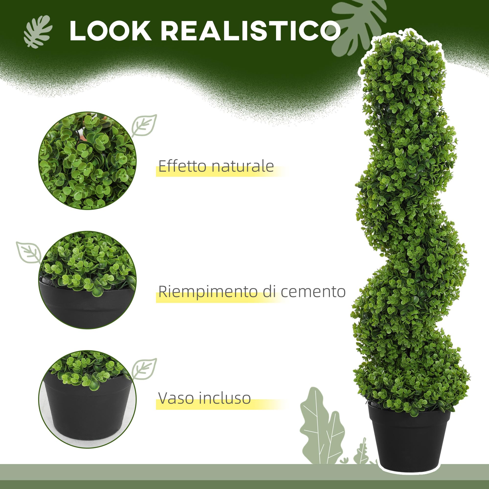 HOMCOM Pianta Finta Eucalipto a Spirale, Pianta Artificiale con Vaso Incluso Resistente ai Raggi UV, Decorazione per Interno ed Esterno, Altezza 90 cm, Verde