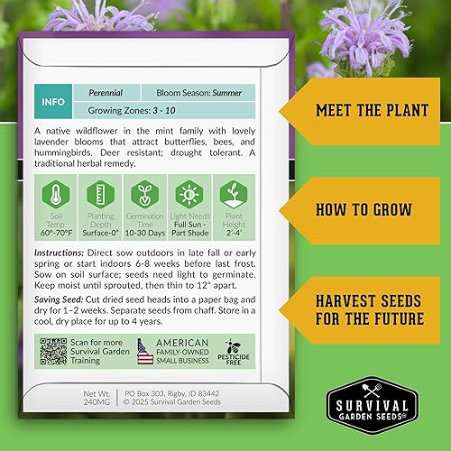 Miniatura 2 de Survival Garden Seeds - Semillas de hierba de bergamota (bálsamo de abeja) para plantar, paquete con instrucciones para plantar y cultivar flores