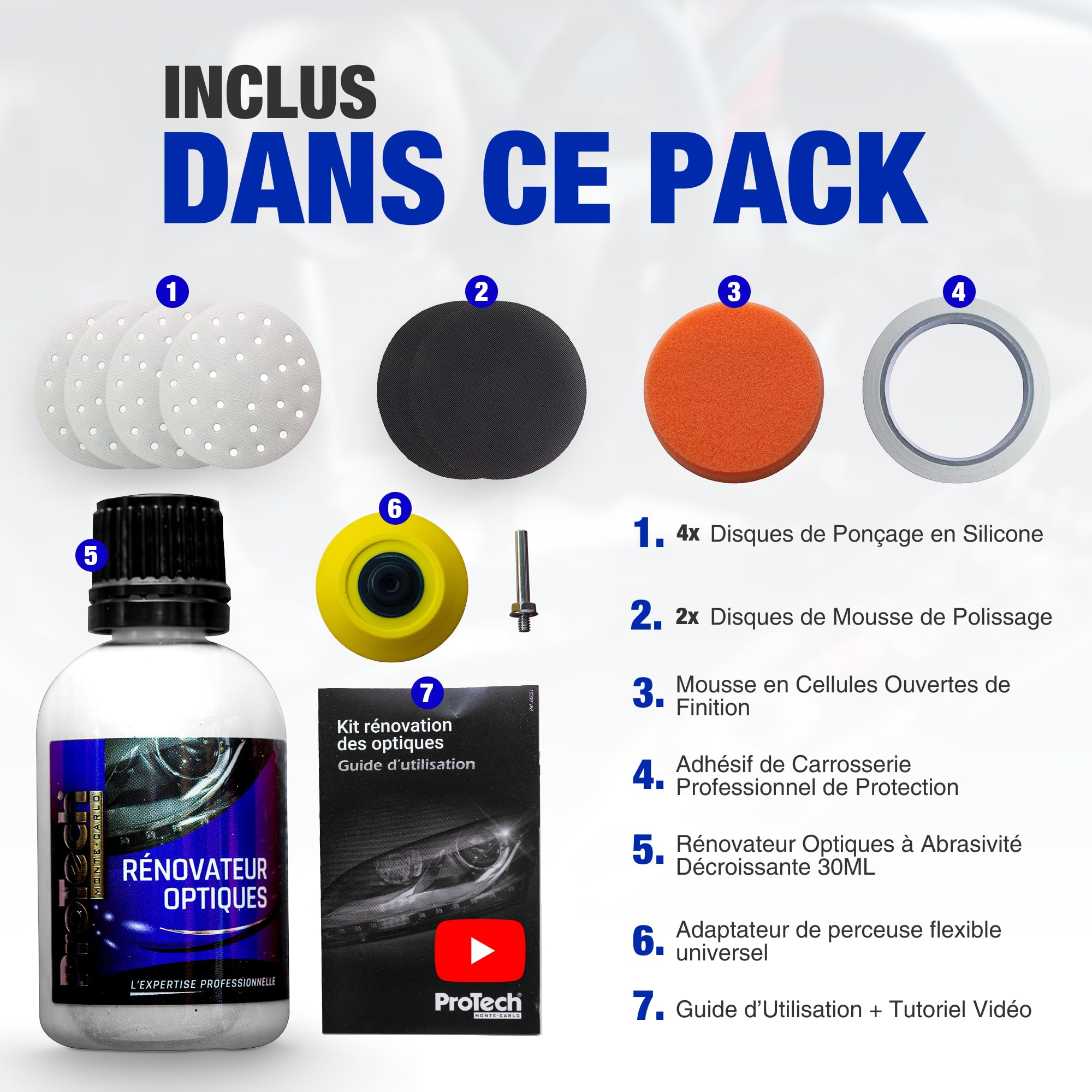 ProTechMC I Kit Rénovation Optiques - Polish pour Phares de Voiture en 3 Étapes Rapides - Ponçage, Polissage, Finition - Éclat, Brillance, Visibilité & Sécurité - Pack Complet Made in France