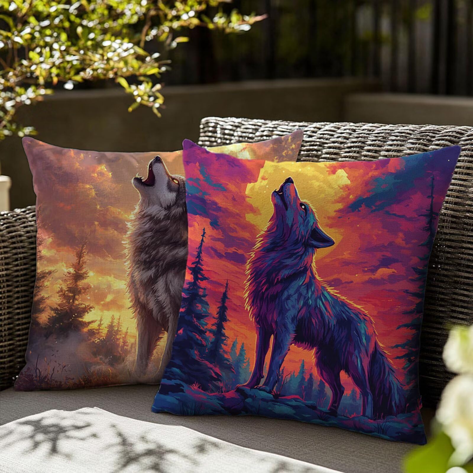 Fundas Cojines Exterior Animal Impermeable Lino Funda de Almohadas Juego de 4 Lobo Funda Cojin 60x60cm Cojin Sofa Decorativo Fundas Cojines para Jardín Exterior Sala Patio Balcón Decoracion JL-159