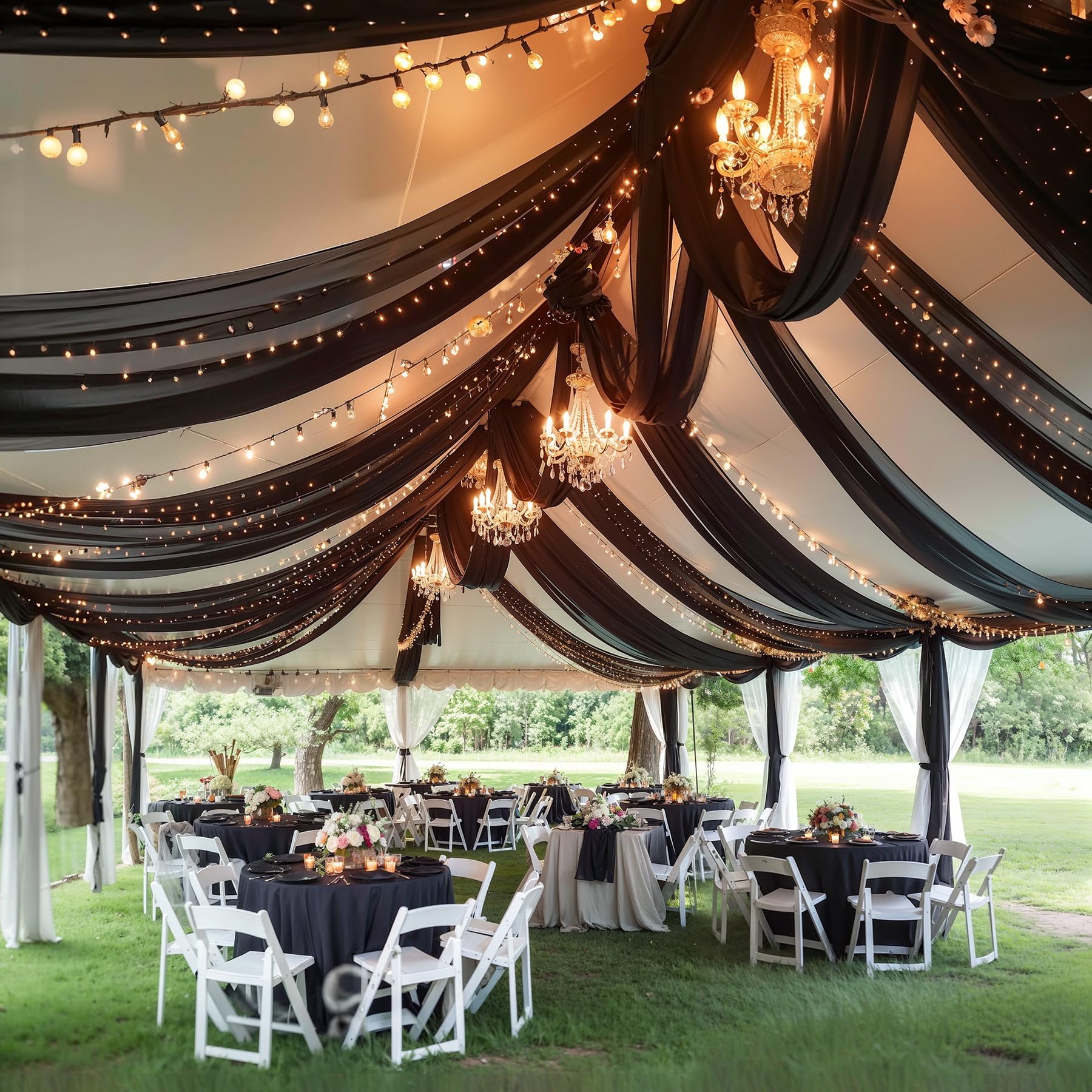 Shillance 12 pannelli, tende da soffitto nere con stringa di luci per tende da soffitto per matrimoni, 1,5 x 9,1 m, tende velate in tulle, decorazioni per casa, feste, cerimonie, palcoscenico