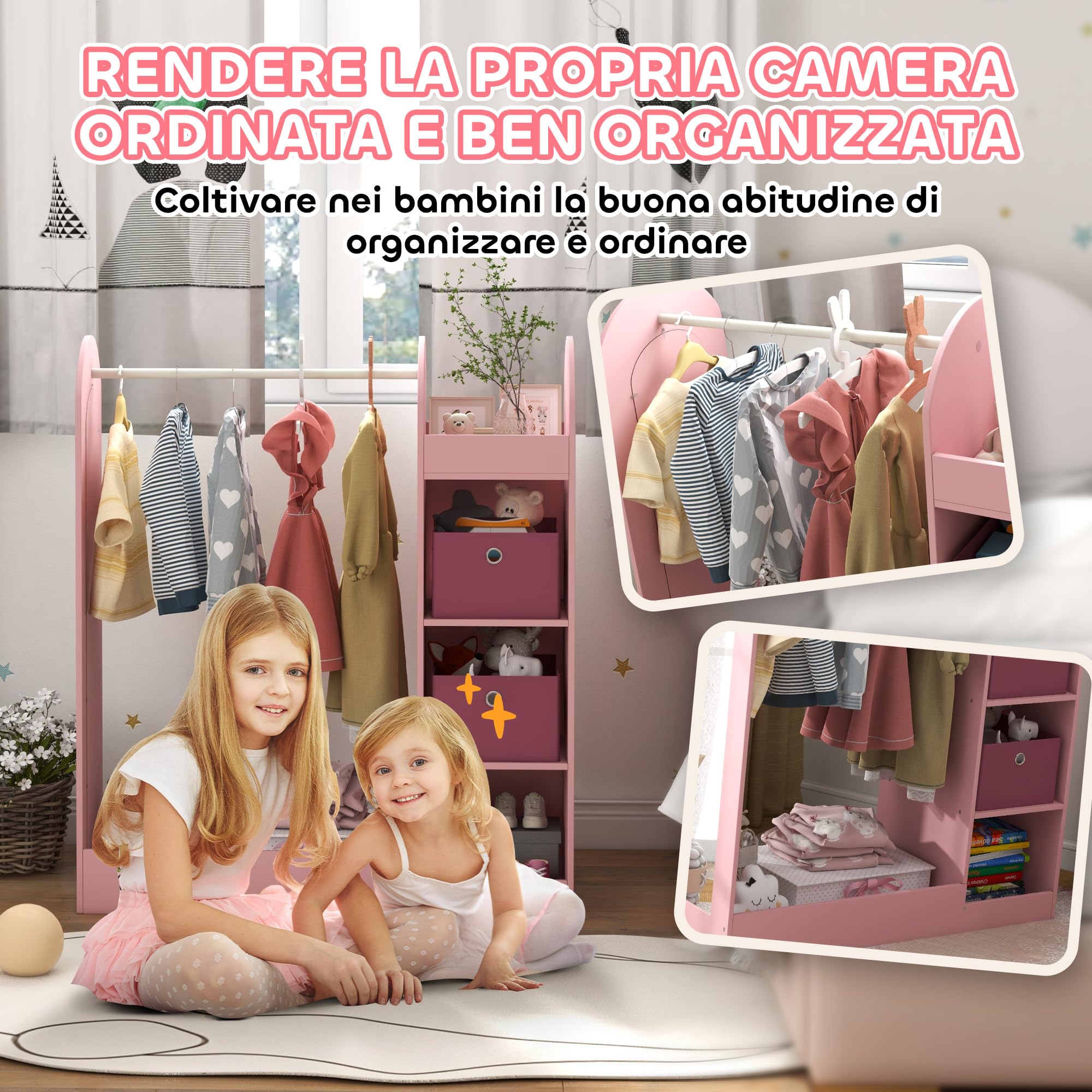 AIYAPLAY Appendiabiti per Bambini con Ripiani, Scatole e Specchio, Mobile per Cameretta e Ingresso in Legno, Rosa