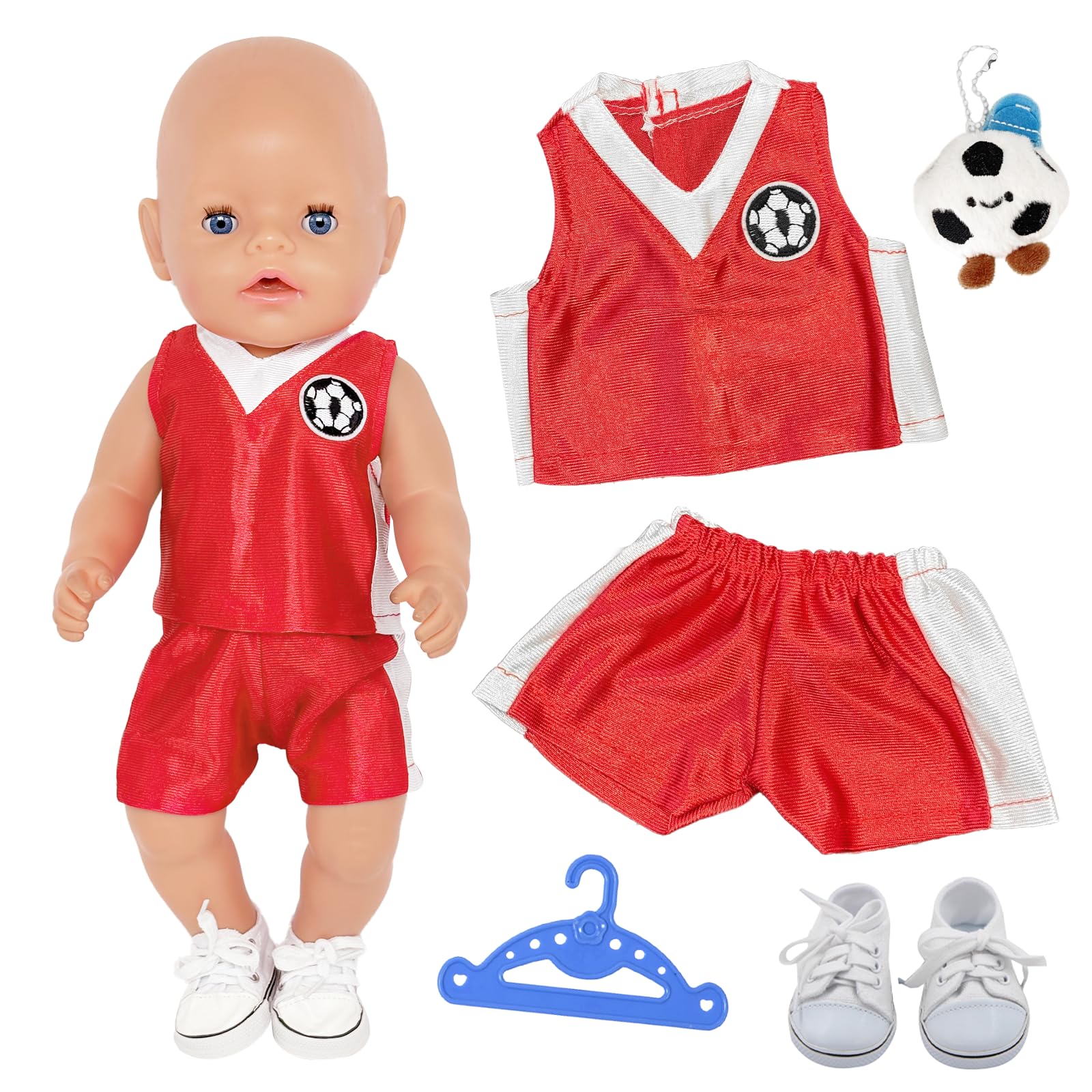 5PCS Soccer Baby Doll Clothes for 14–17 Inch Dolls, Football Style Baby Doll Outfits with 1 Soccer Top, 1 Pants, 1 Football Pendant, 1 White Shoes, 1 Hanger, 35–43cm Baby Doll Clothing, Gift for Kids