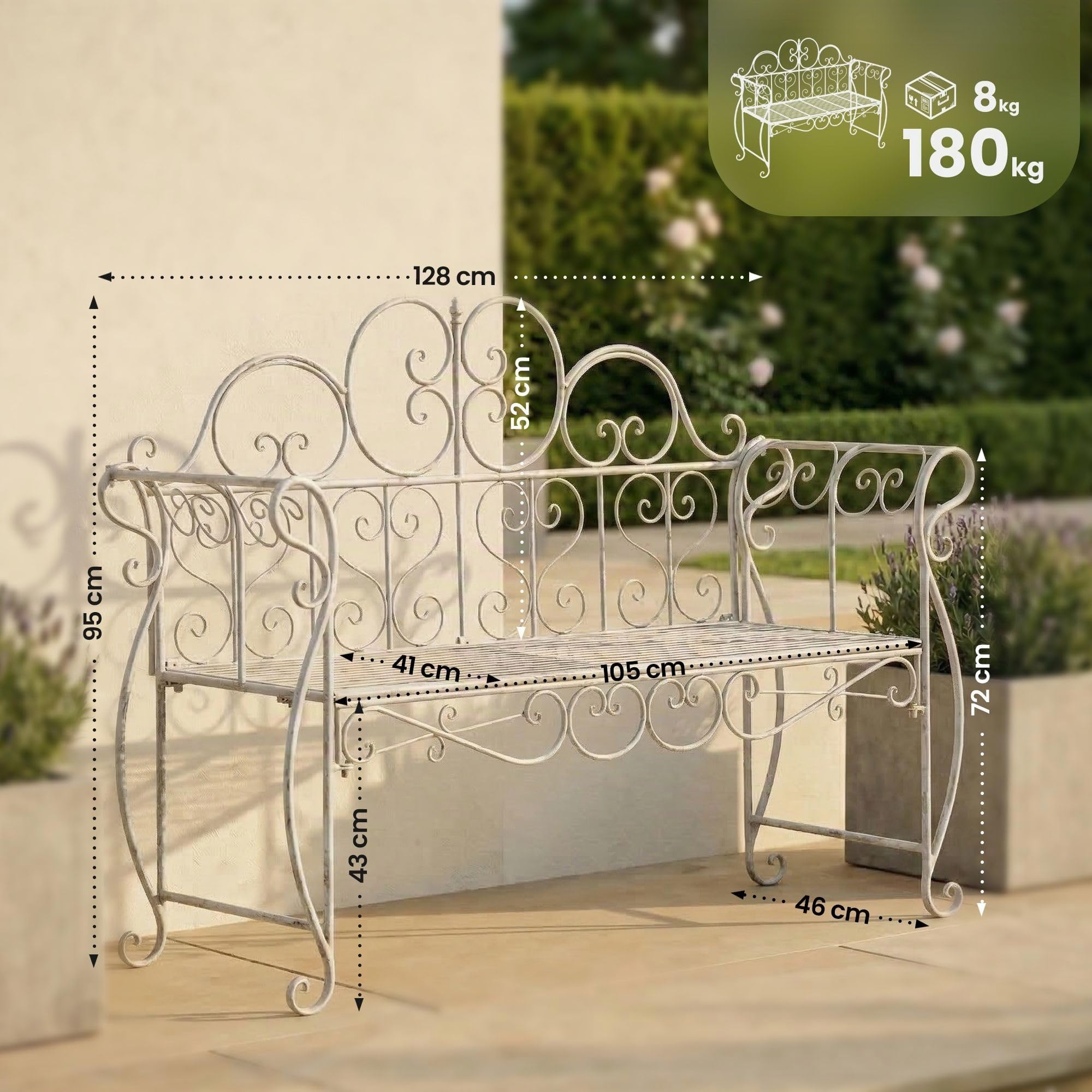 CLP Panchina da Giardino Minna, panchina in Metallo Stile Liberty Romantico con braccioli, Giardino, terrazza e Balcone, Portata 180 kg, Colore:Antico Bianco