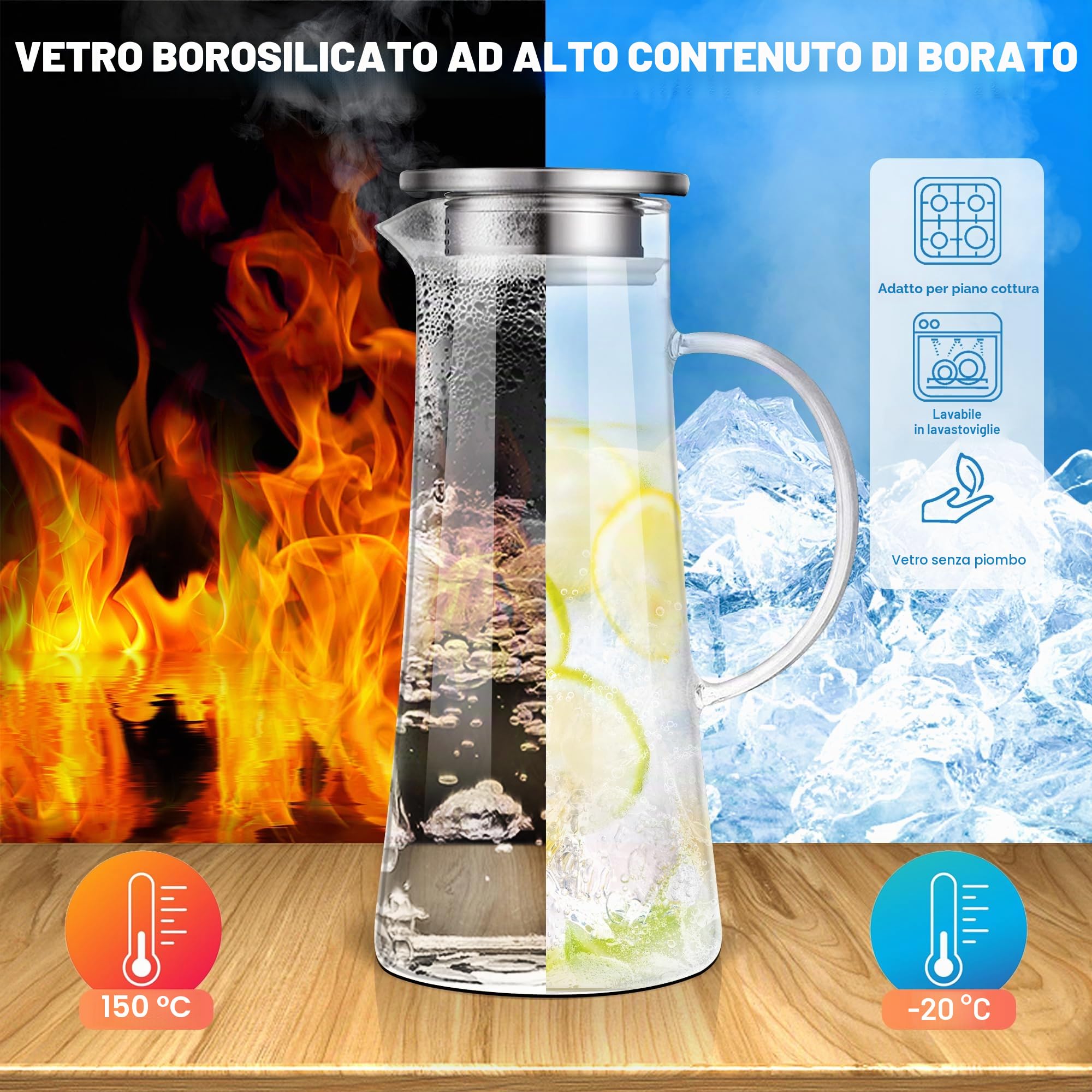 SUSTEAS Caraffa in vetro da 1,5 litri, con coperchio, per il tè freddo, per vino, caffè, latte e succo, caraffa per bevande