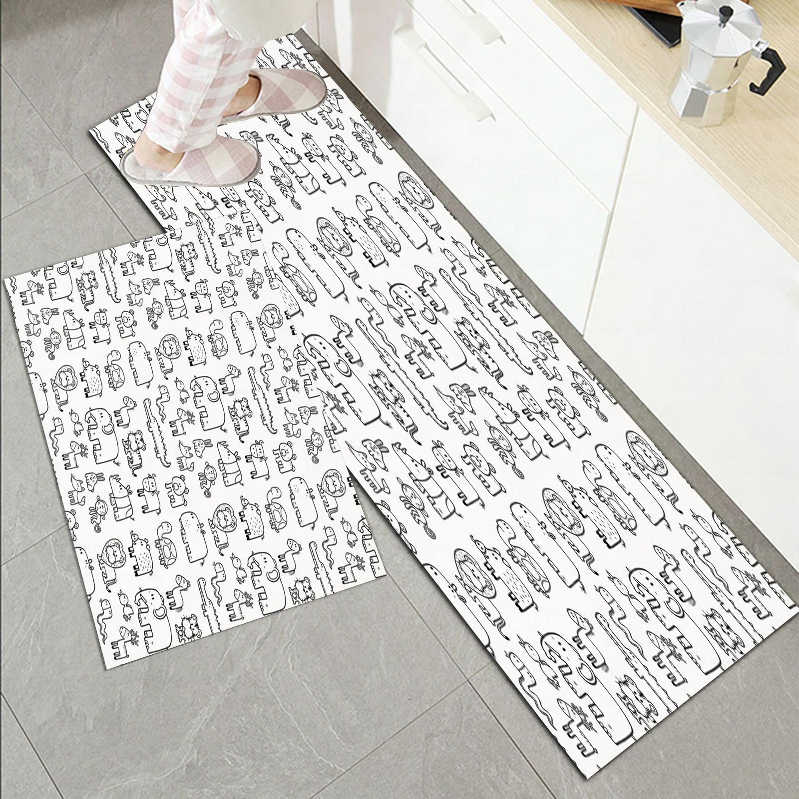 2 Pieces Kitchen Rug Sets, Non Slip Kitchen Mat,Nursery,Wild Animals Set in Coloring Book Style African Safari Fau,Washable Modern Mats and Rugs for Hallway, Dining Room and Entryway, 45x70cm+45x120cm