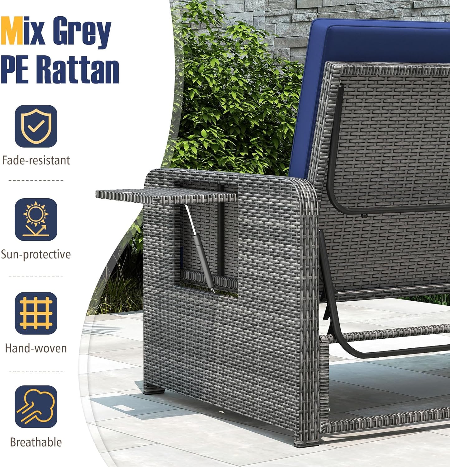 RELAX4LIFE Wicker Patio Outdoor Daybed - Rattan Day Bed Lounger with Loveseat & Storage Ottoman, Sunbed Sofa Set w/Cushions, 4-Level Adjustable Backrest & 2 Retractable Trays, Patio Daybed (Navy-Grey)