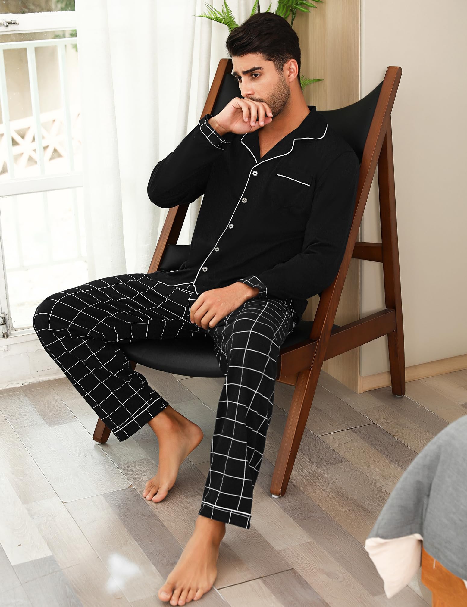 Bresdk Pigiama Uomo Cotone Lungo Invernale Manica Lunga con Bottoni Pigiami Due Pezzi Classico Aperto Davanti Caldo e Morbido