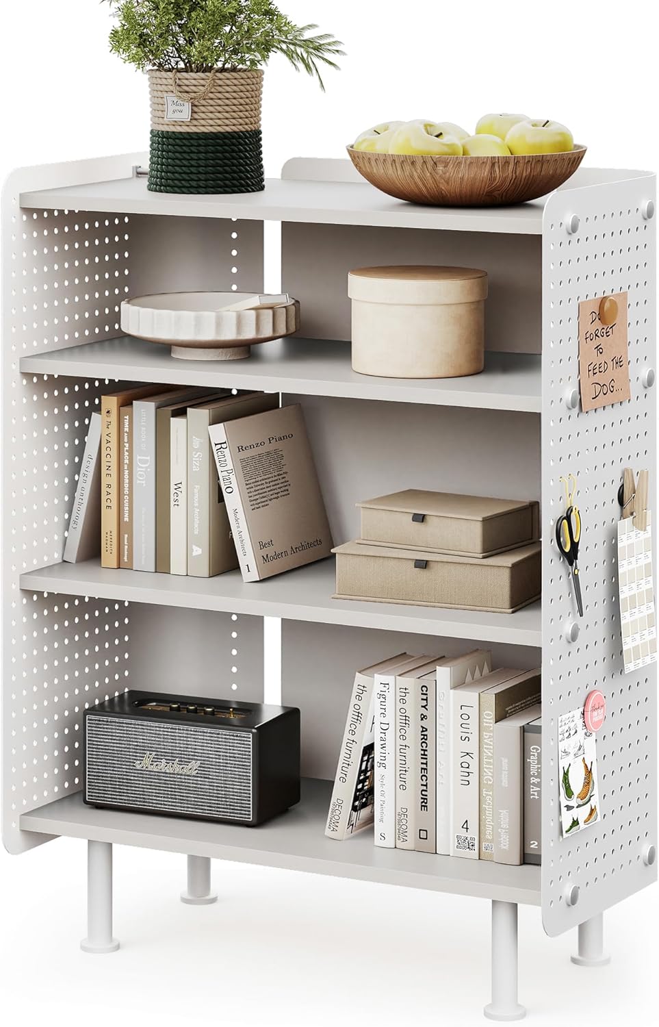 Fenge 4 Tier Bookshelf, Modern Open Bookcase with Pegboard, 24.3 Inches Small Book Shelf Storage Organizer with Adjustable Shelves for Living Room, Bedroom, Home Office White 24.3inch