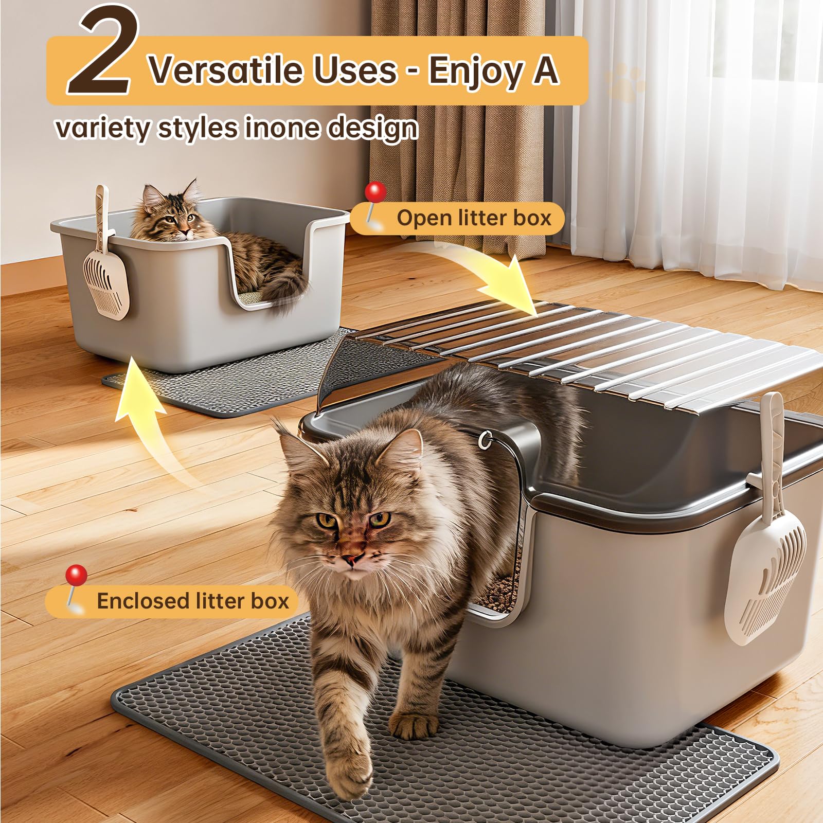 Oneluck Caja de arena grande para gatos con cubierta, alfombrilla y cuchara, caja de arena cerrada para gatitos con tapa y solapa de puerta delantera para portabilidad y privacidad, gris