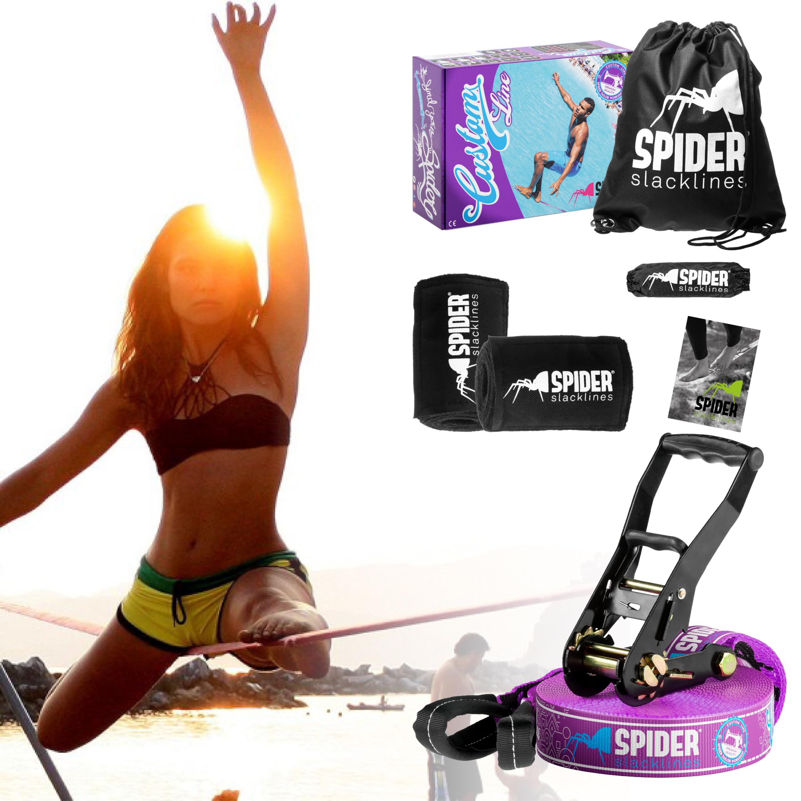 TKSA1 - Kit Slackline Custom - Materiale alta qualità per slackliners esperti o alle prime esperienze con equilibrismo - Set completo fettuccia Lunghezza 15m con 1xCricchetto