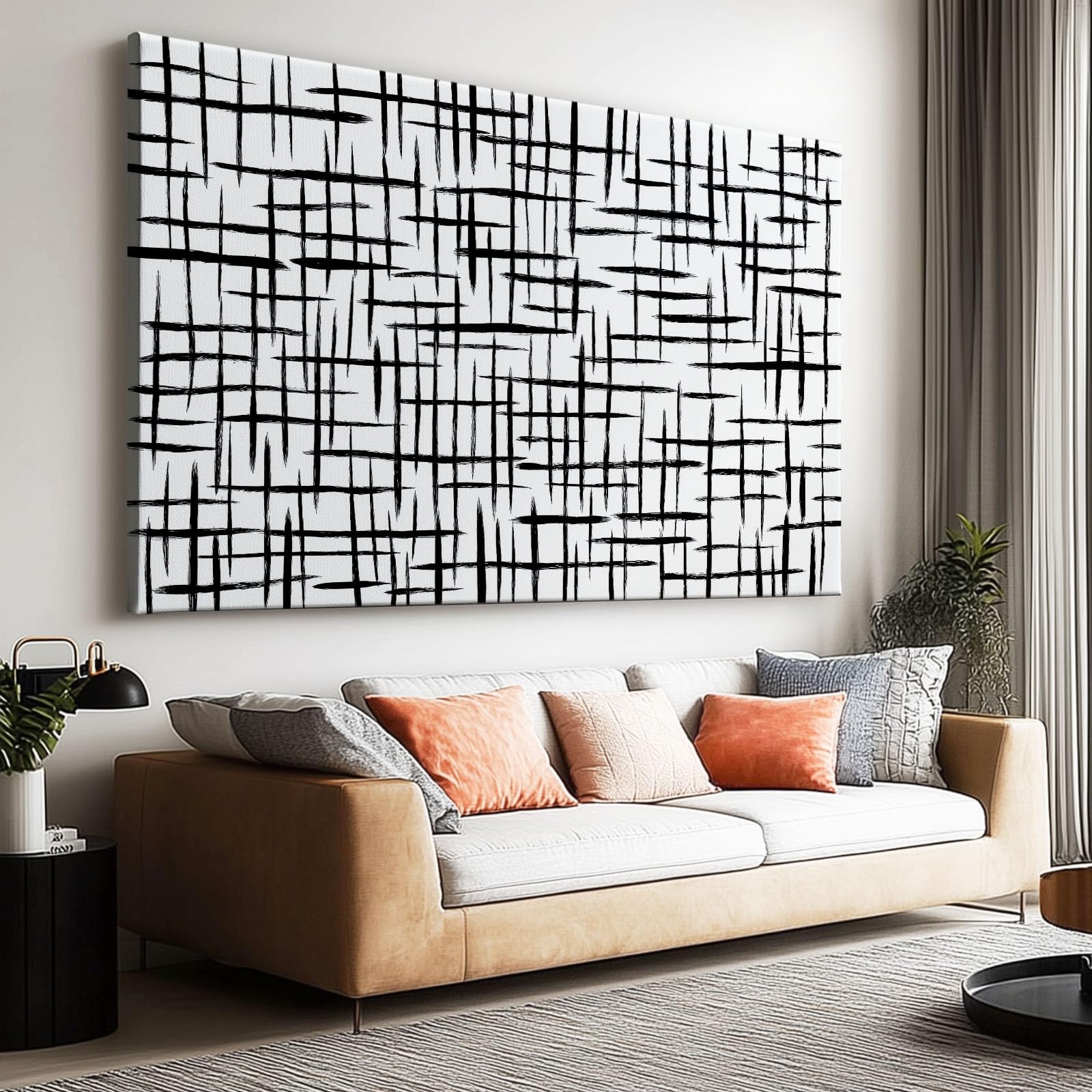 Genérico Cuadros Decoracion Salon Líneas De Cuadrícula En Blanco Y Negro 90x60cm Lienzo Decorativo con Marco Madera, Laminas Cuadro para Pared, Decoracion Dormitorio Baño Comedor Oficina Hogar