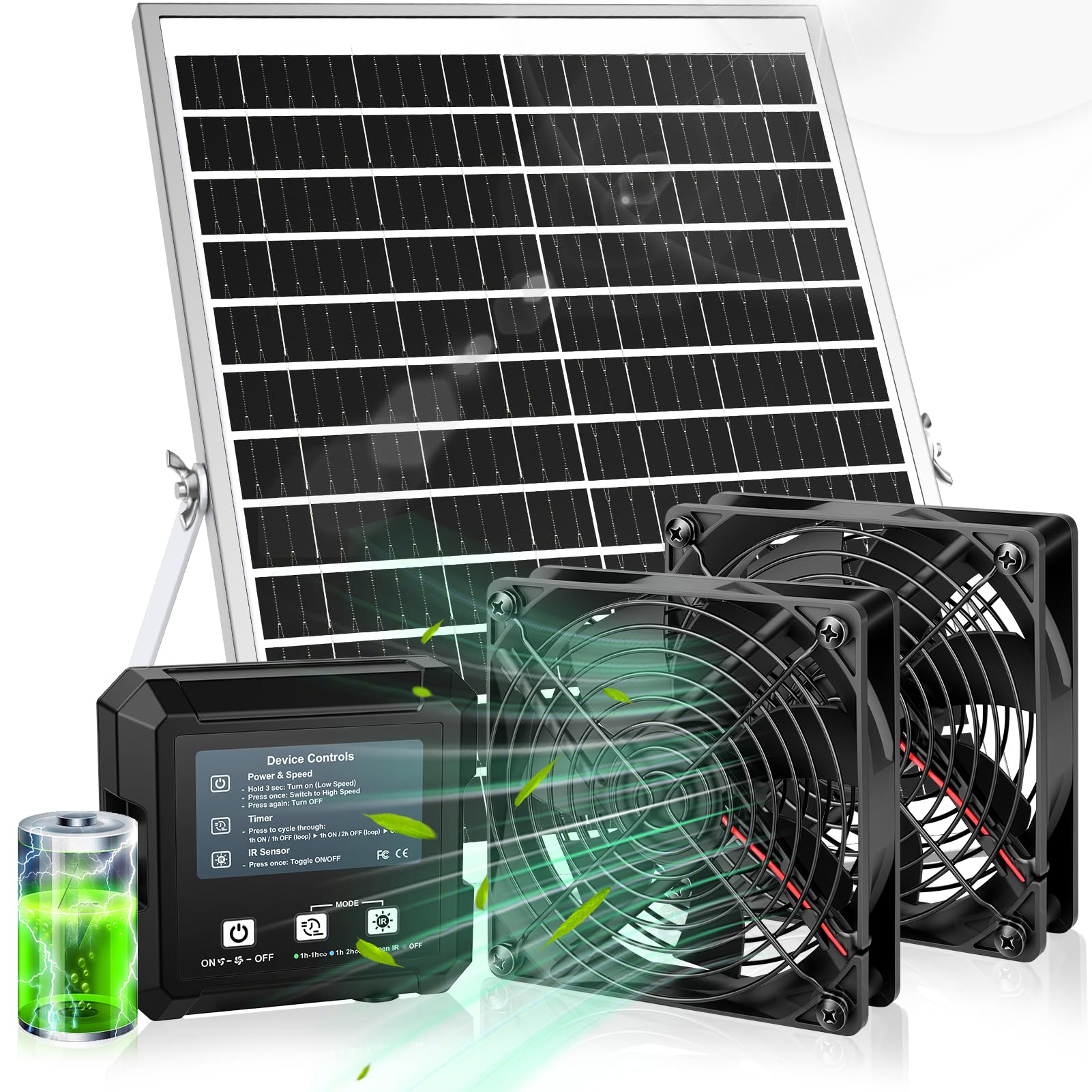 Solar-Powered Exhaust Fan with Battery & Smart Sensing – 25W Solar Panel, 2 * 4.7" Fans, 3 Modes, IP65 Waterproof | Ideal for Chicken Coop, Dog House, Shed, Greenhouse, Outside