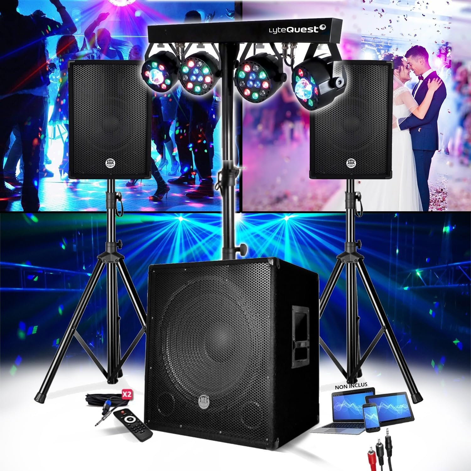 Pack Sono Enceinte + SUBWOOFER 1800W USB Bluetooth + Pieds + Cables + PORTIQUE LUMIERES - PA DJ Sono Mix Soirée Disco Mobile