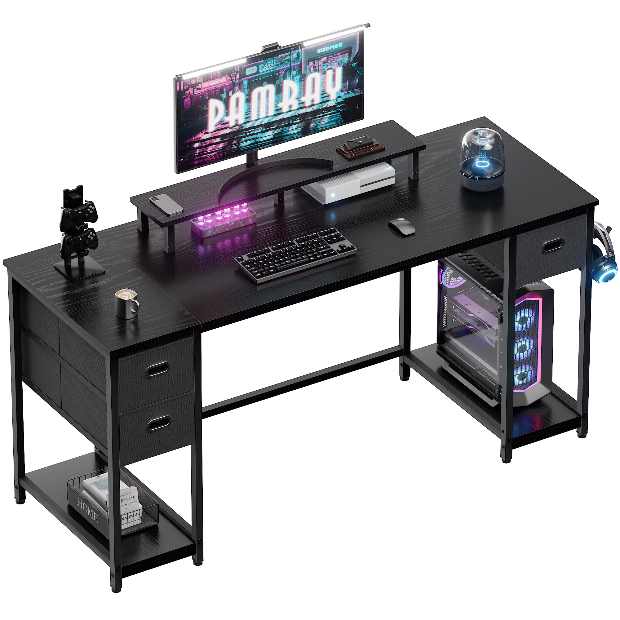 pamray 55 inch computer desk with non-woven storage drawers and monitor stand home office desk for bedroom study table writing and work desk black