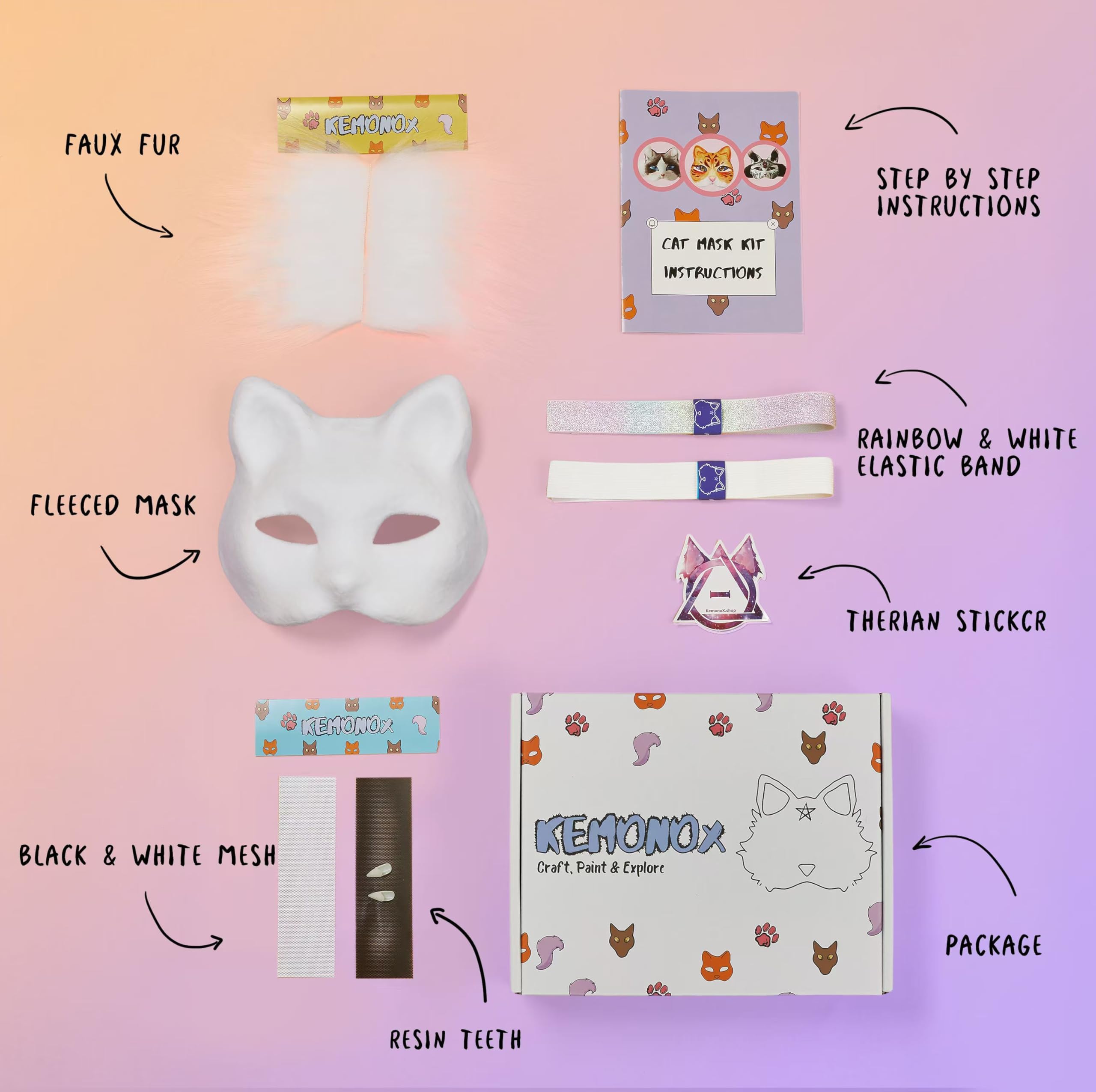 Kit maschera Therian pre-infeltrita per gatti, base in pile con pelliccia sintetica, rete per gli occhi e tessuto peloso simile a un gatto, infeltrita per te, salta il lavoro disordinato - Kit
