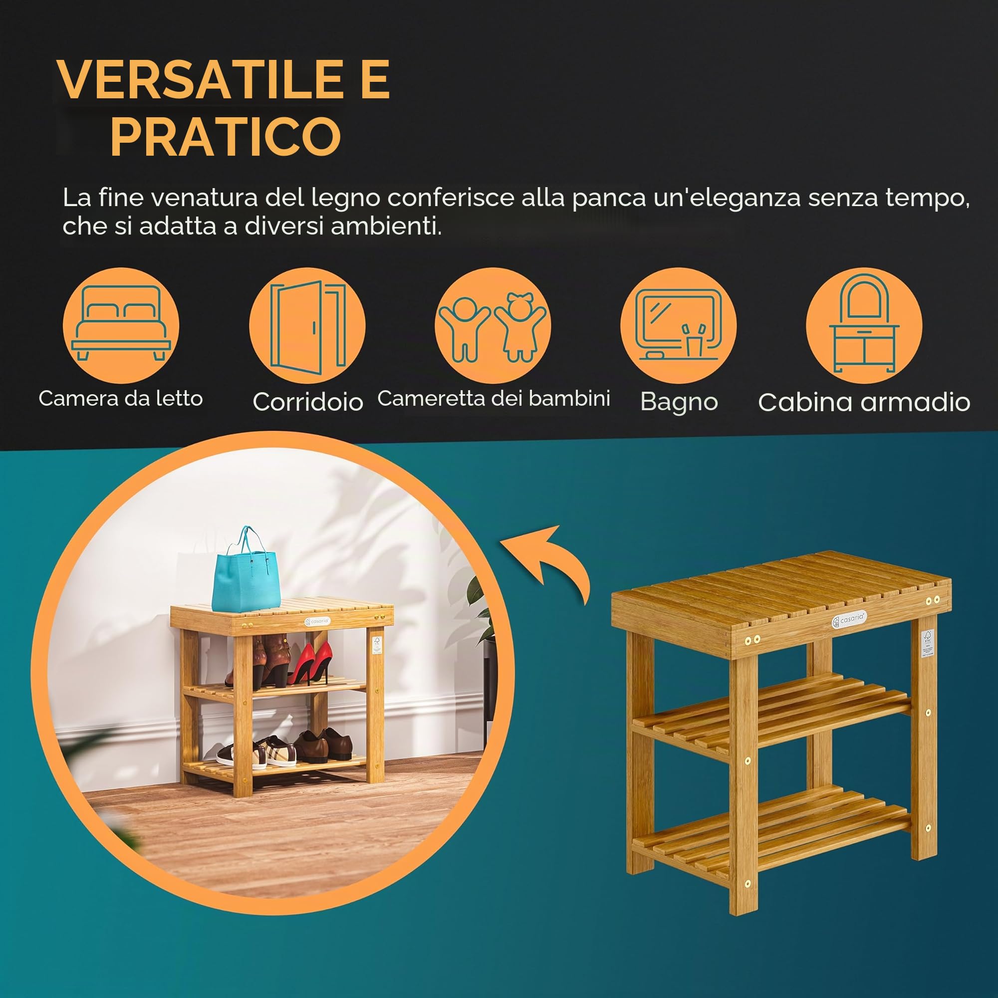 Casaria® Scarpiera con Seduta in Legno Capacità 160 kg Certificata FSC® Acacia 3 livelli Panca Bagno Corridoio Marrone
