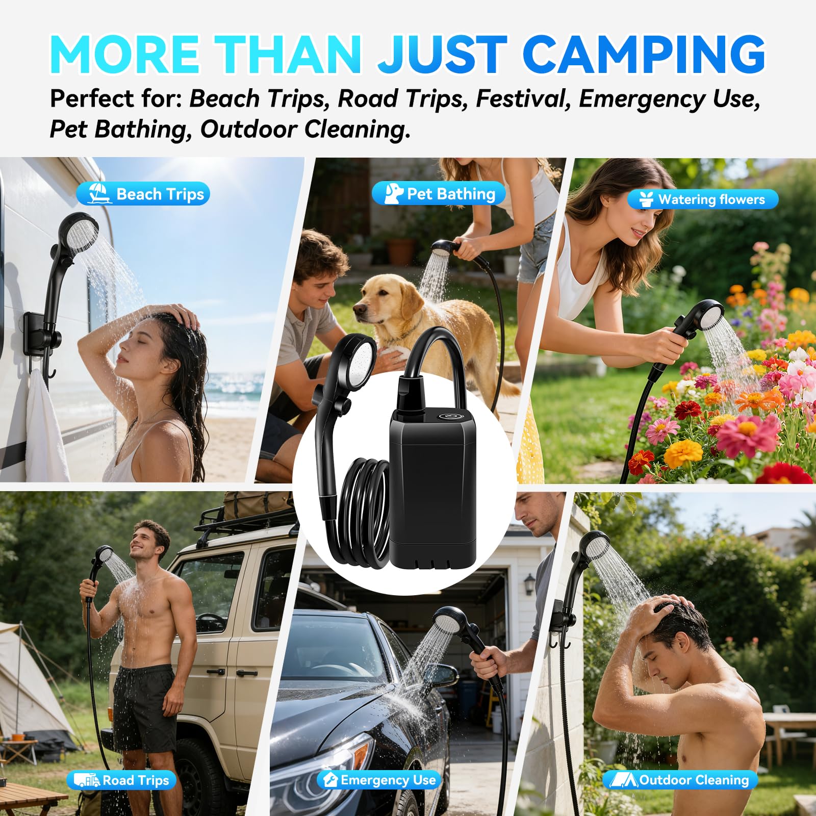 Doccia da campeggio portatile con riscaldatore da 2000 W, 6000 mAh, ricaricabile da campeggio, con alimentazione digitale, 3 modalità di spruzzo, pompa da campeggio impermeabile IPX7 per