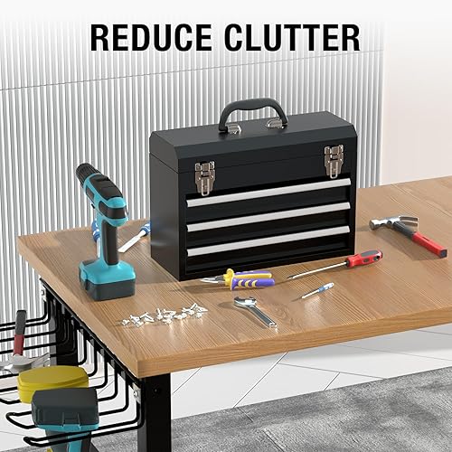 Miniatura 7 de UNITEDPOWER Caja de herramientas de metal portátil, 3 cajones de organización de acero micro caja de herramientas para el hogar, almacén, taller de