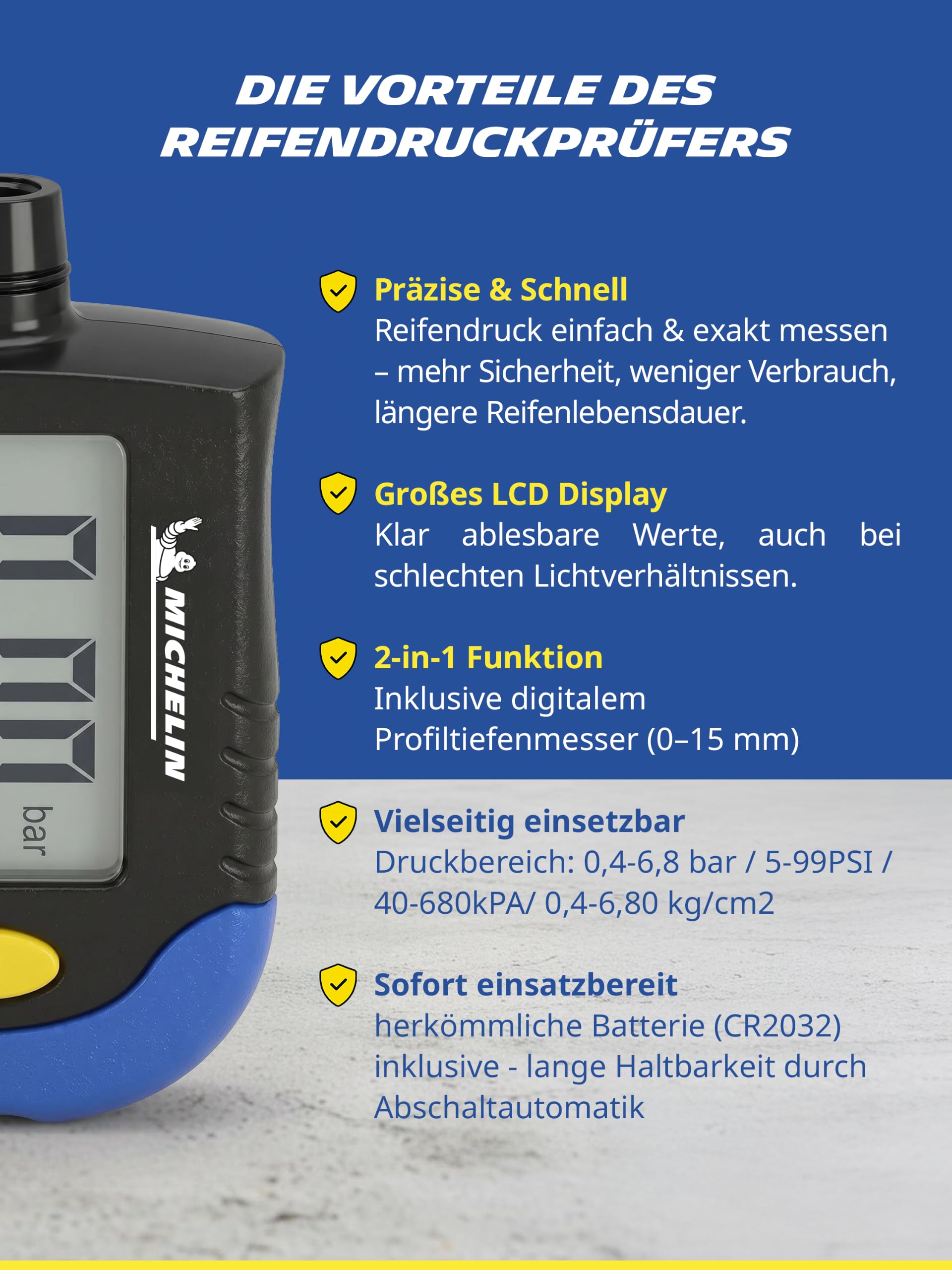 MICHELIN Verificatore di Pressione e Usura pneumaticiI + Funzione di misurazione in Bar