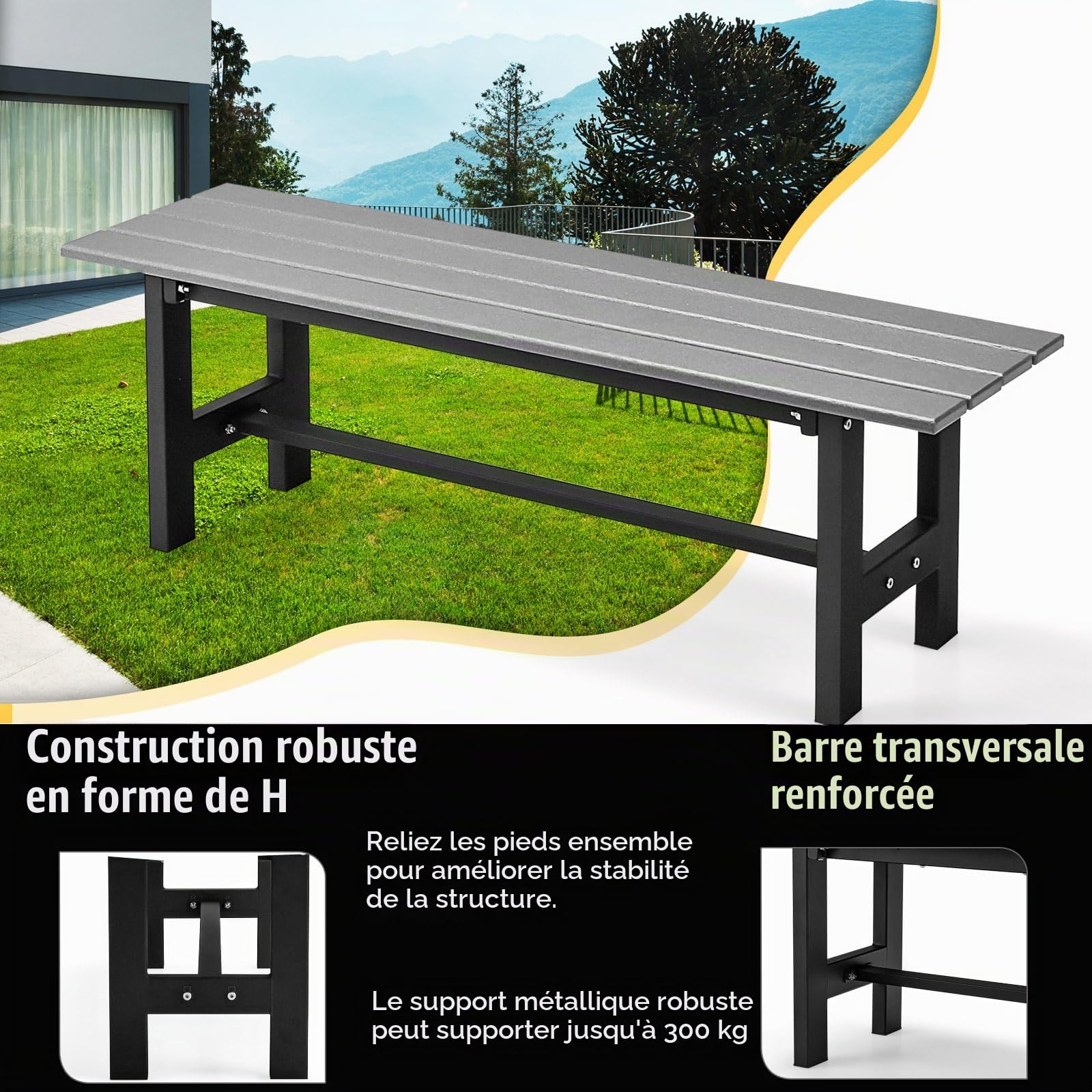 KOMFOTTEU Banc Jardin, Métal + HDPE, 2-3 Personnes, 120×36×40,5cm, Gris