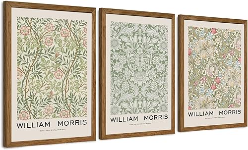 JLTULT Marcos de madera de 3 piezas de lienzo floral vintage, arte de pared, diseño de flores de William Morris, decoración de pared con diseño