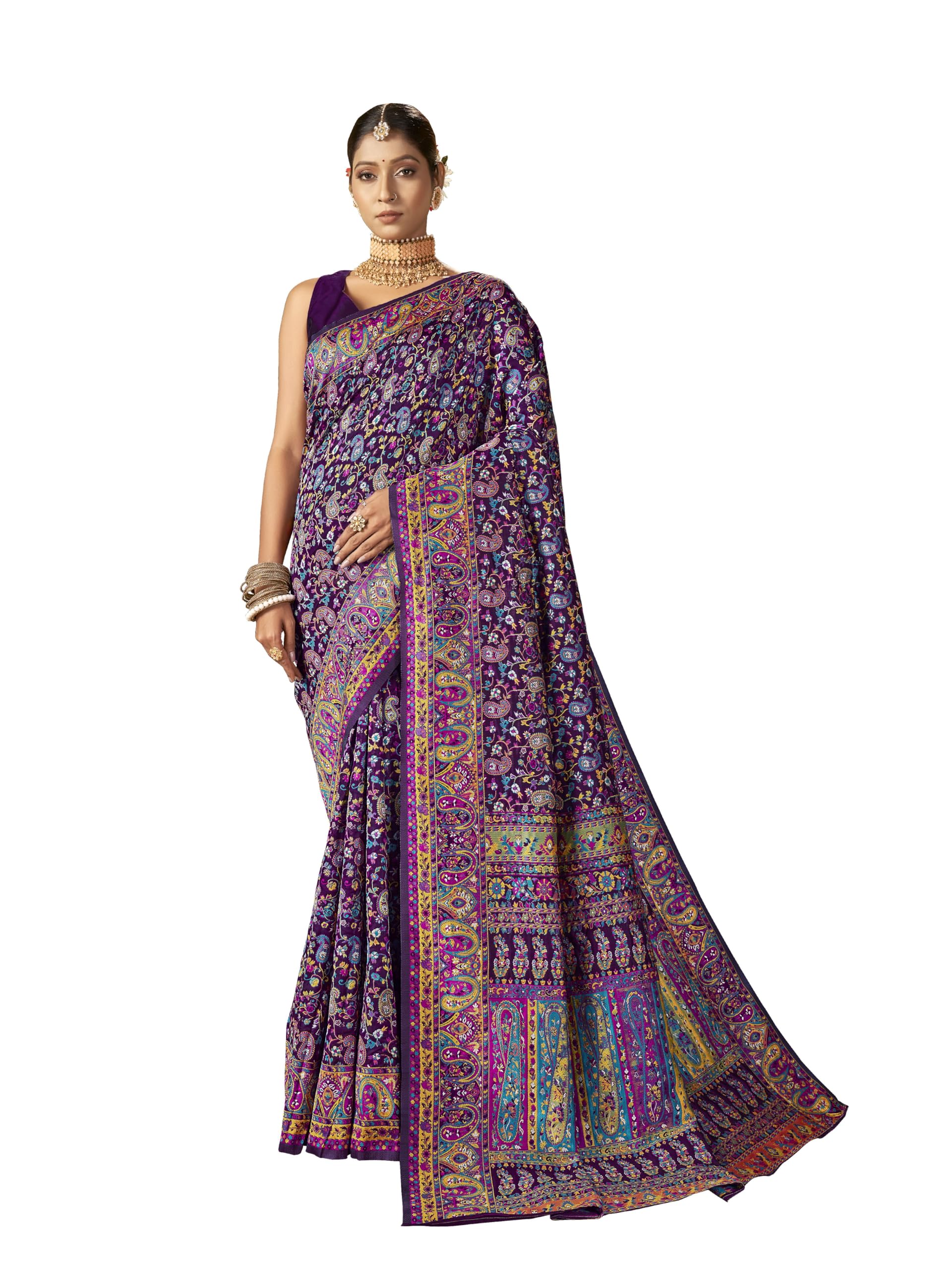 Glory Sarees Women's Kashmiri Pashmina Silk Woven Saree With Blouse Piece (Heritage_Silk110_Wine)