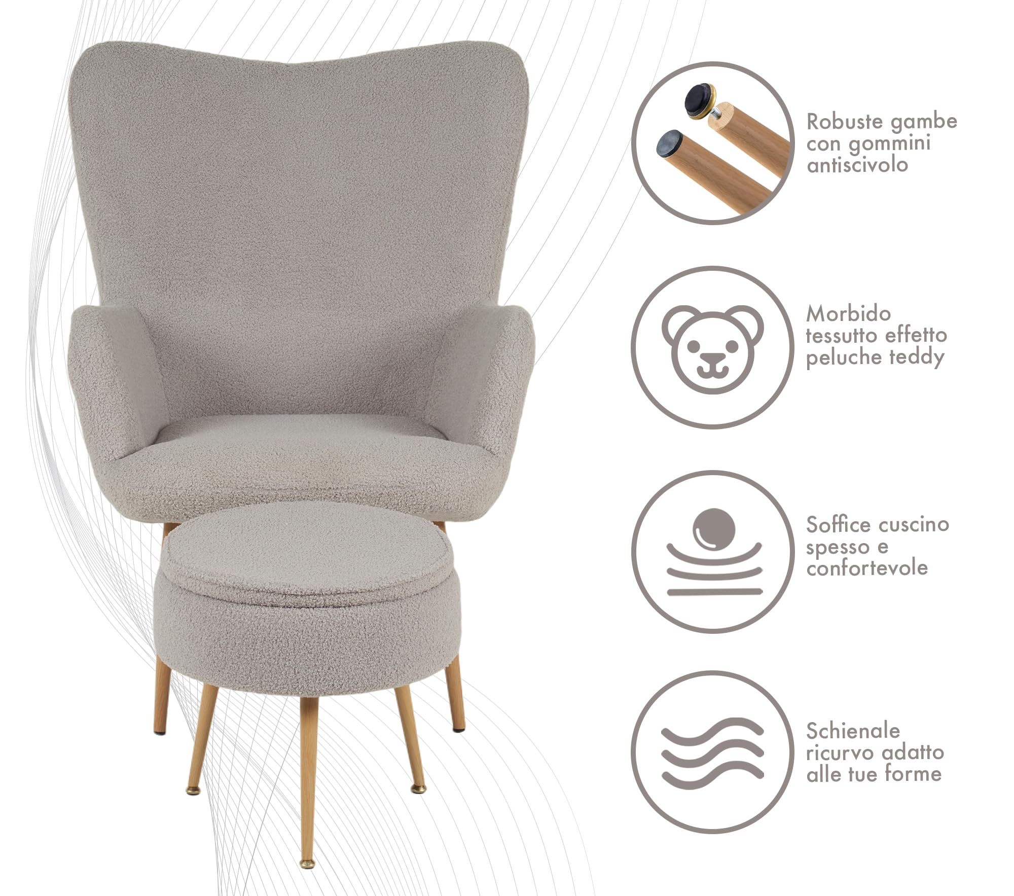 IlGruppone Poltrona Imbottita Ergonomica con Schienale E Braccioli con Poggiapiedi Contenitore Camera da Letto Salotto Moderna Pouf Sedia Effetto Teddy Morbida - Grigio
