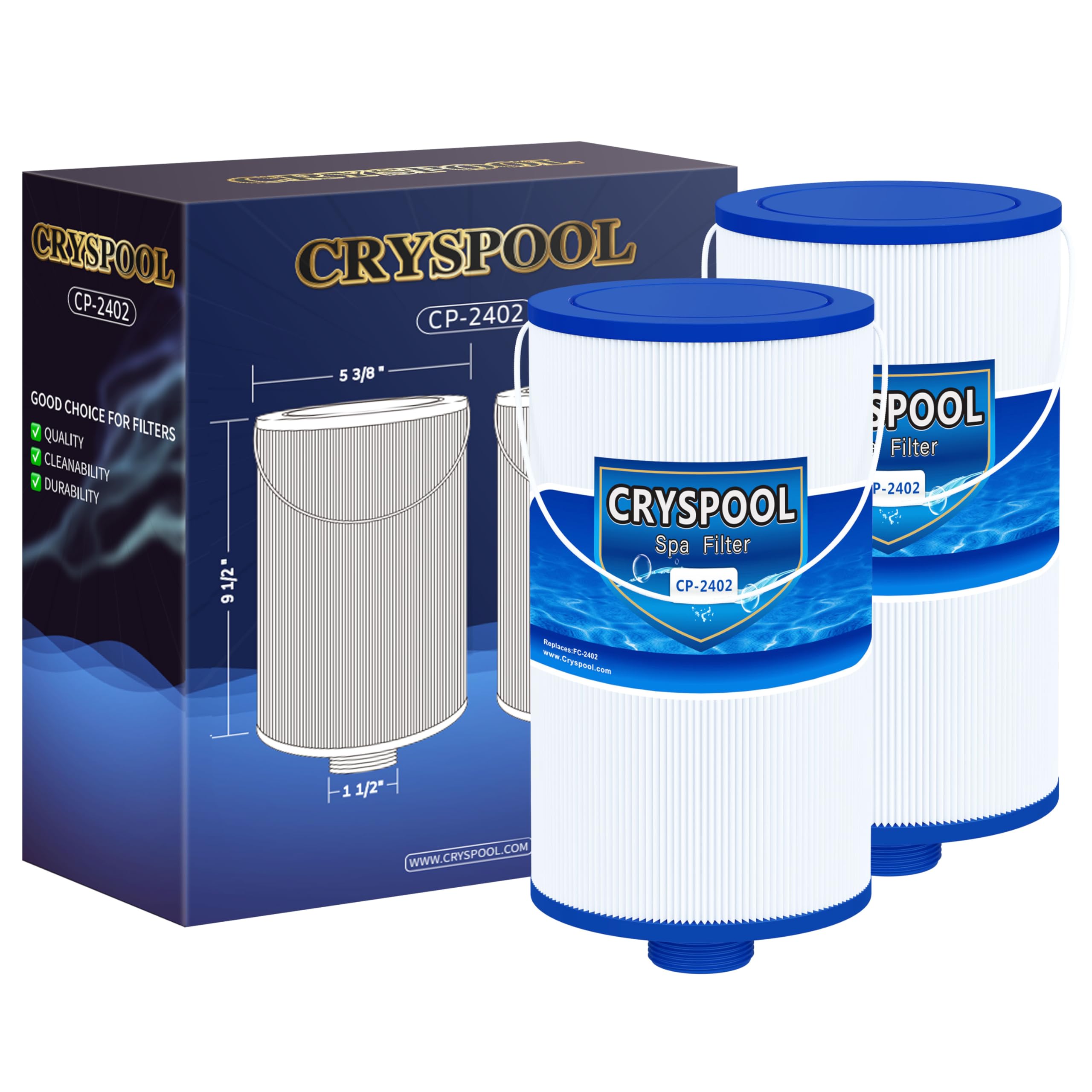 Cryspool MPT-Thread Spa Filter Replaces Watkins 303279, FC-2402, Free Flow and Lifesmart Hot Tub Filter, 1 1/2" Finer Thread, 2 Pack