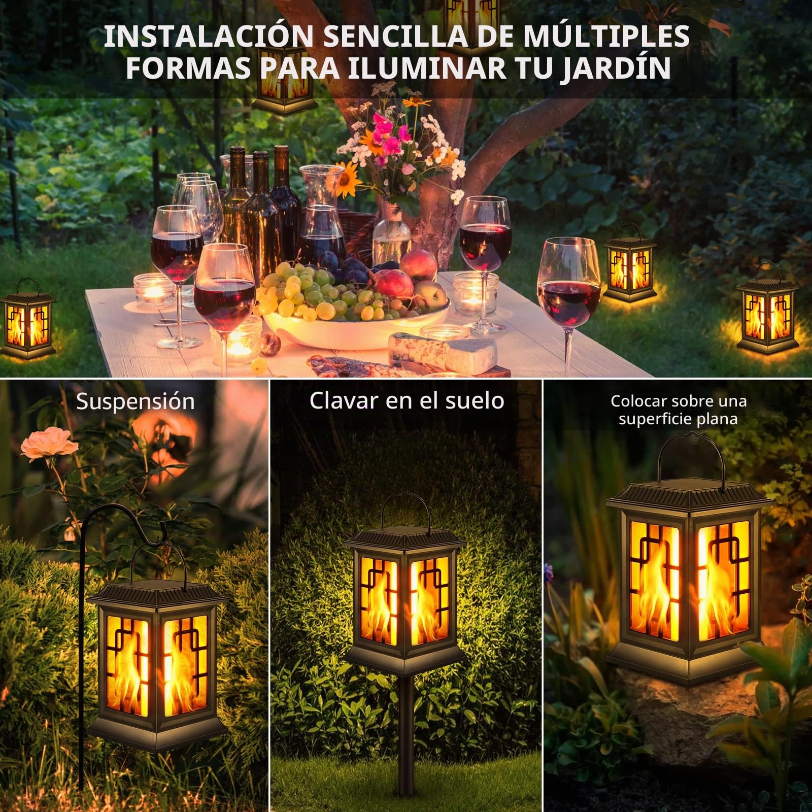 Luz de Llama Solar de Exterior, Linternas Solares de Jardín Impermeable IP65 con Efecto de Luz de Llama Realista, Luces Solares Antorcha con Encendido/Apagado Automático y 2 Modos de Luz