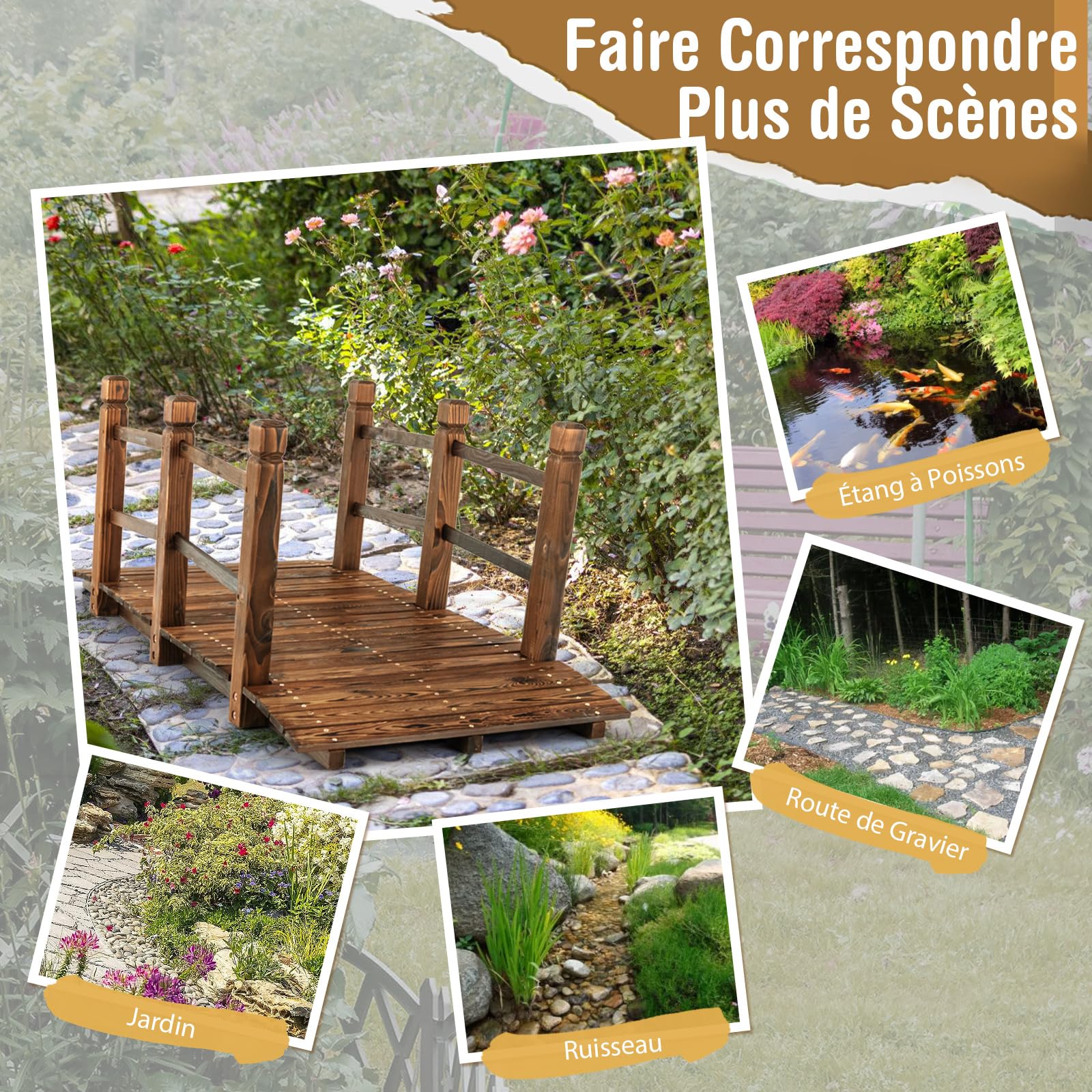 COSTWAY Pont de Jardin en Bois de Sapin Carbonisé Charge Maximale 150KG, Pont sur Étang 150 x 67 x 55 cm avec Double Garde-Corps de Sécurité, Décoration du Jardin pour Patio Cour (Marron foncé)