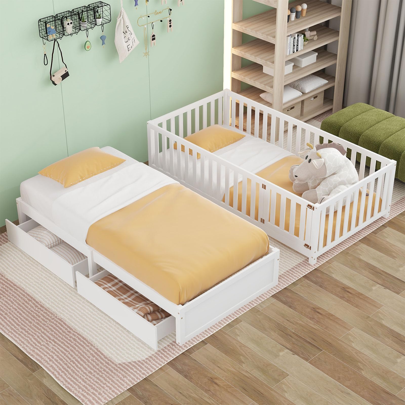 AVGVLIJ Full Size Floor Bed, Twin Size Wood Daybed with Fence Guardrails and 2 Drawers, Full Bed Frame for Girls Boys, Split into Independent Floor Bed & Daybed, No Box Spring Needed (White)