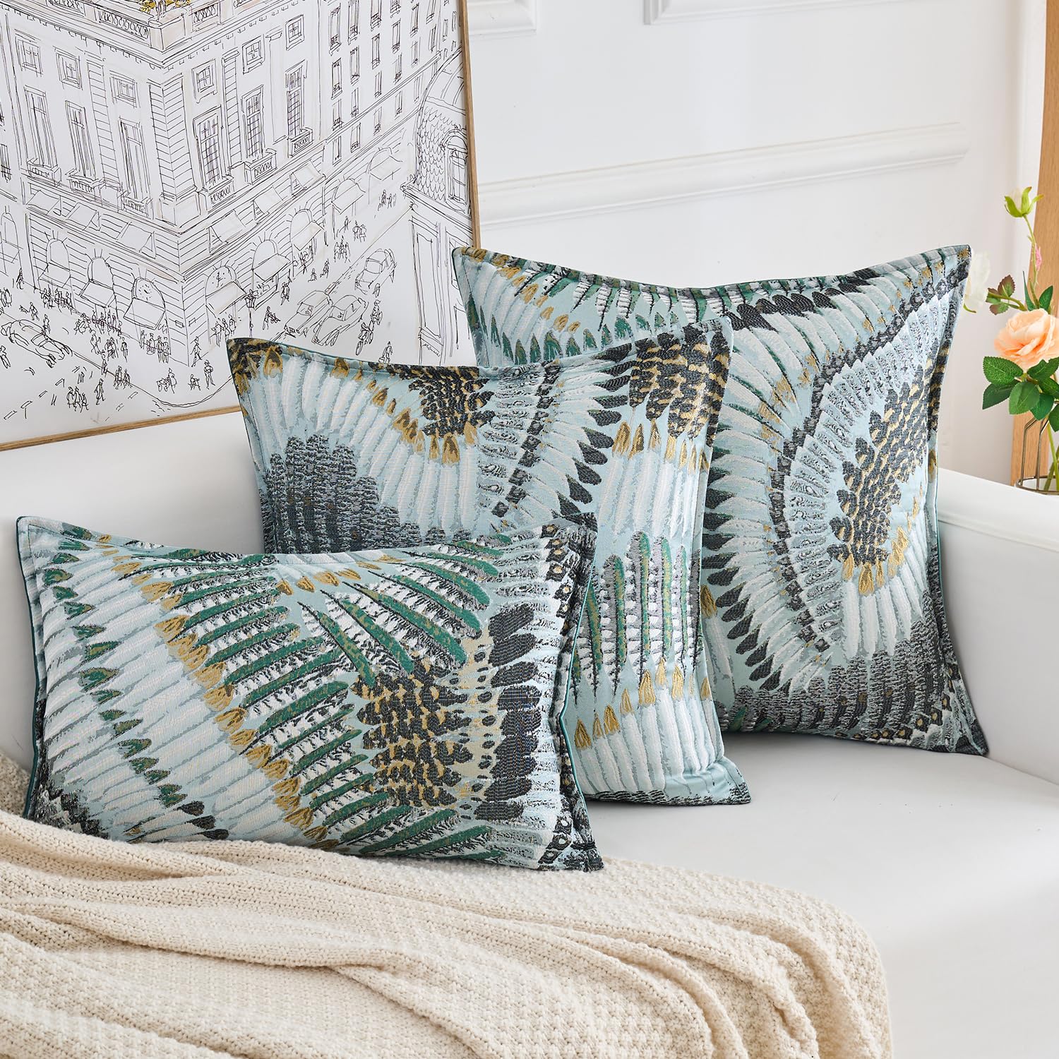 Yonous Premium Series Nature-Inspired Feather Wing Cushion Covers, Premium Polyester & Dutch Velvet Throw Pillow for Home Décor, Covers Only, Turquoise, 18x18 Inch / 45 x 45 cm