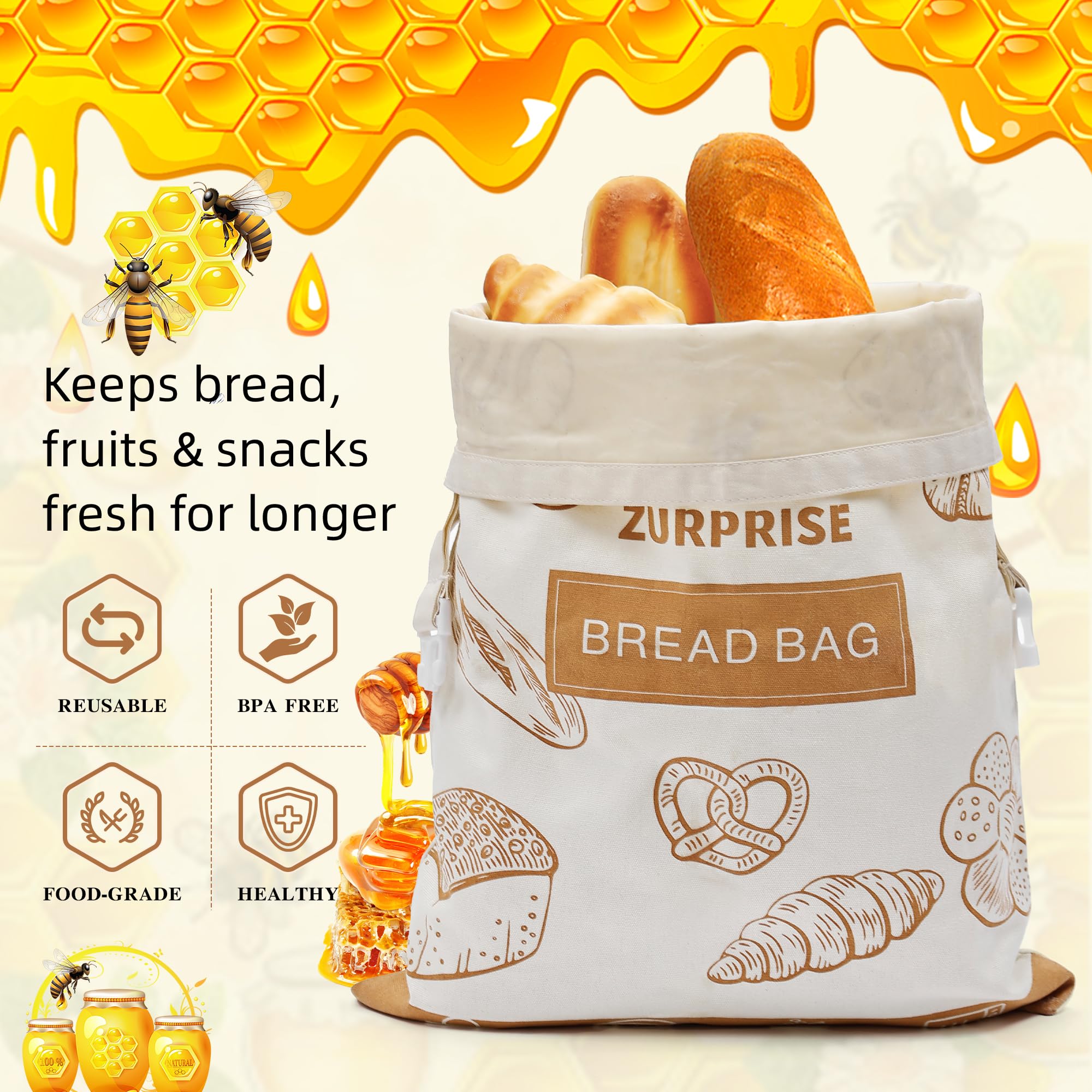 Beeswax Bread Bags for Sourdough Storage, 2 Pack Reusable Cotton Linen Bags, Easy to Clean, Zero-Waste Homemade