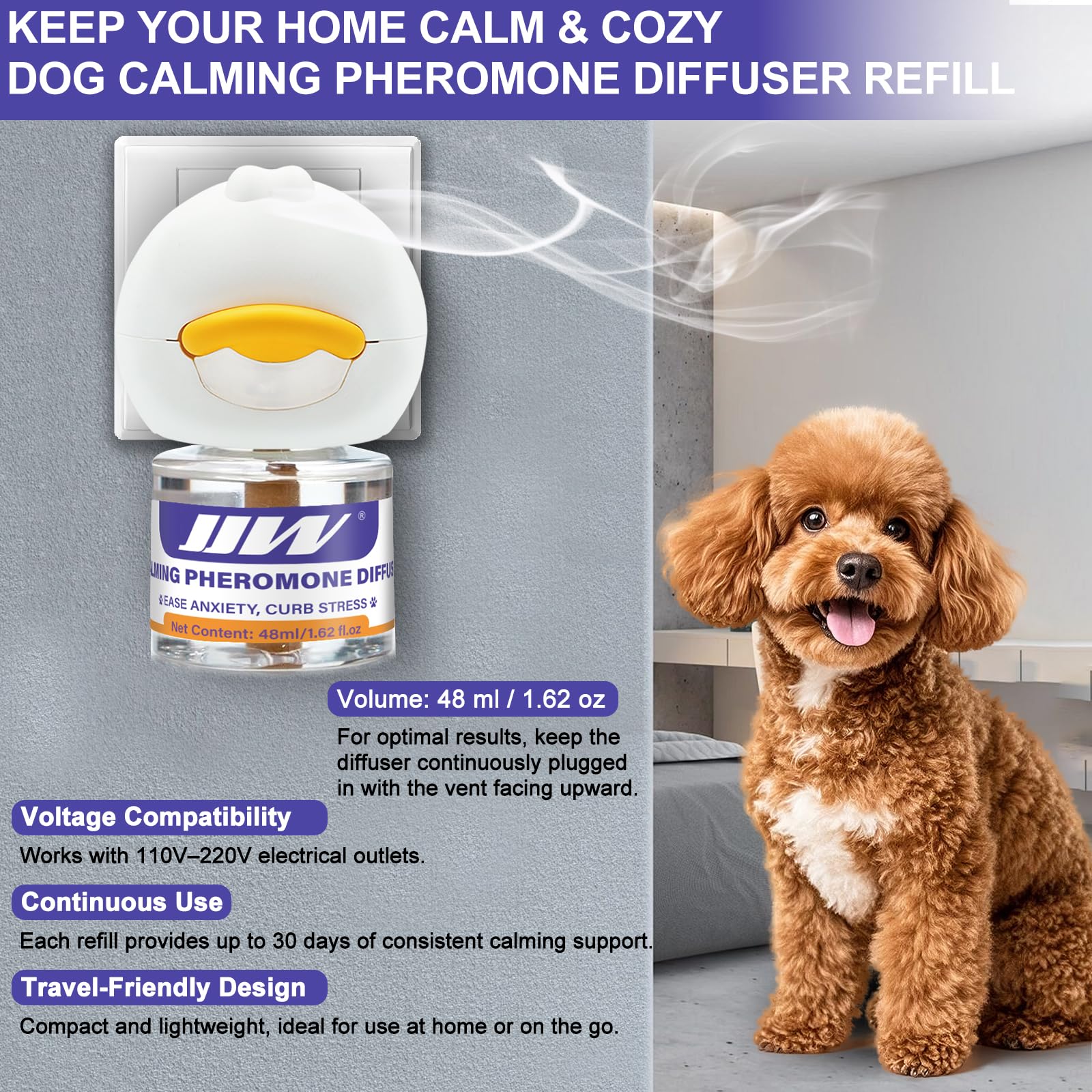 JJW Kit Diffuseur de Phéromones pour Chien 6-en-1 | 2 Diffuseurs + 4 Recharges (120 Jours) | Anti-Stress, Réduit Aboiement/Mordillage | Inodore & Sûr (01)