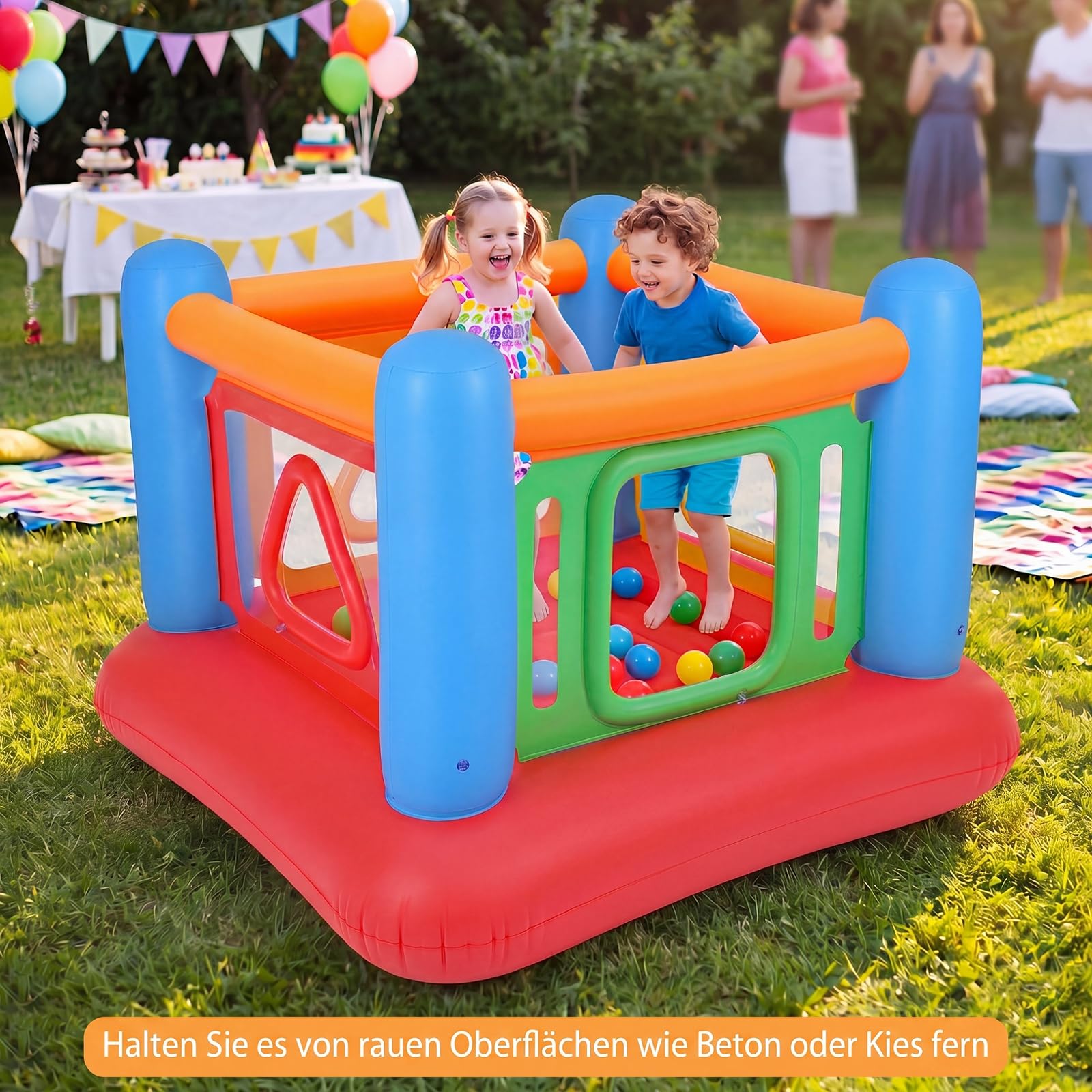 COSTWAY Hüpfburg, Bouncy Castle mit 4 Türen für Kinder, 160 x 160 x 125 cm (Rot + Blau)